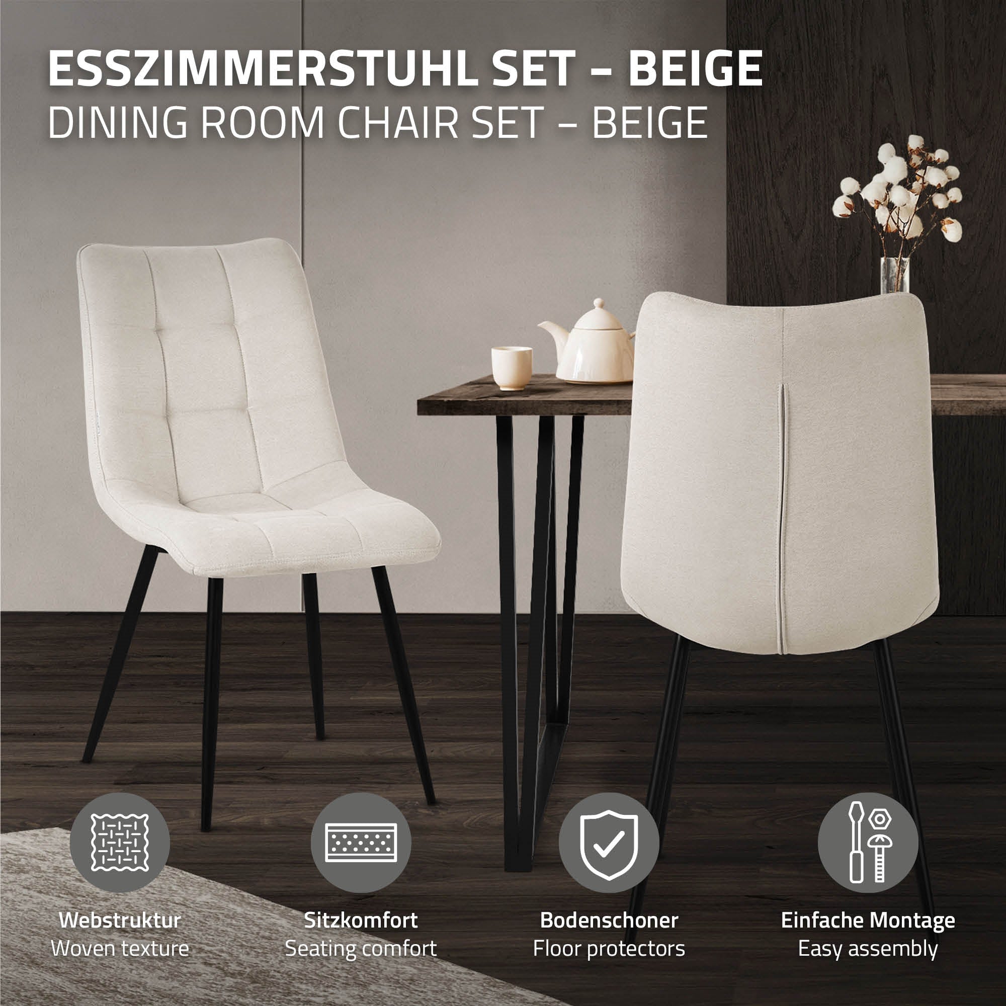 Beige étkezőszék egy asztal előtt, információkkal a szerkezetről és az összeszerelésről.