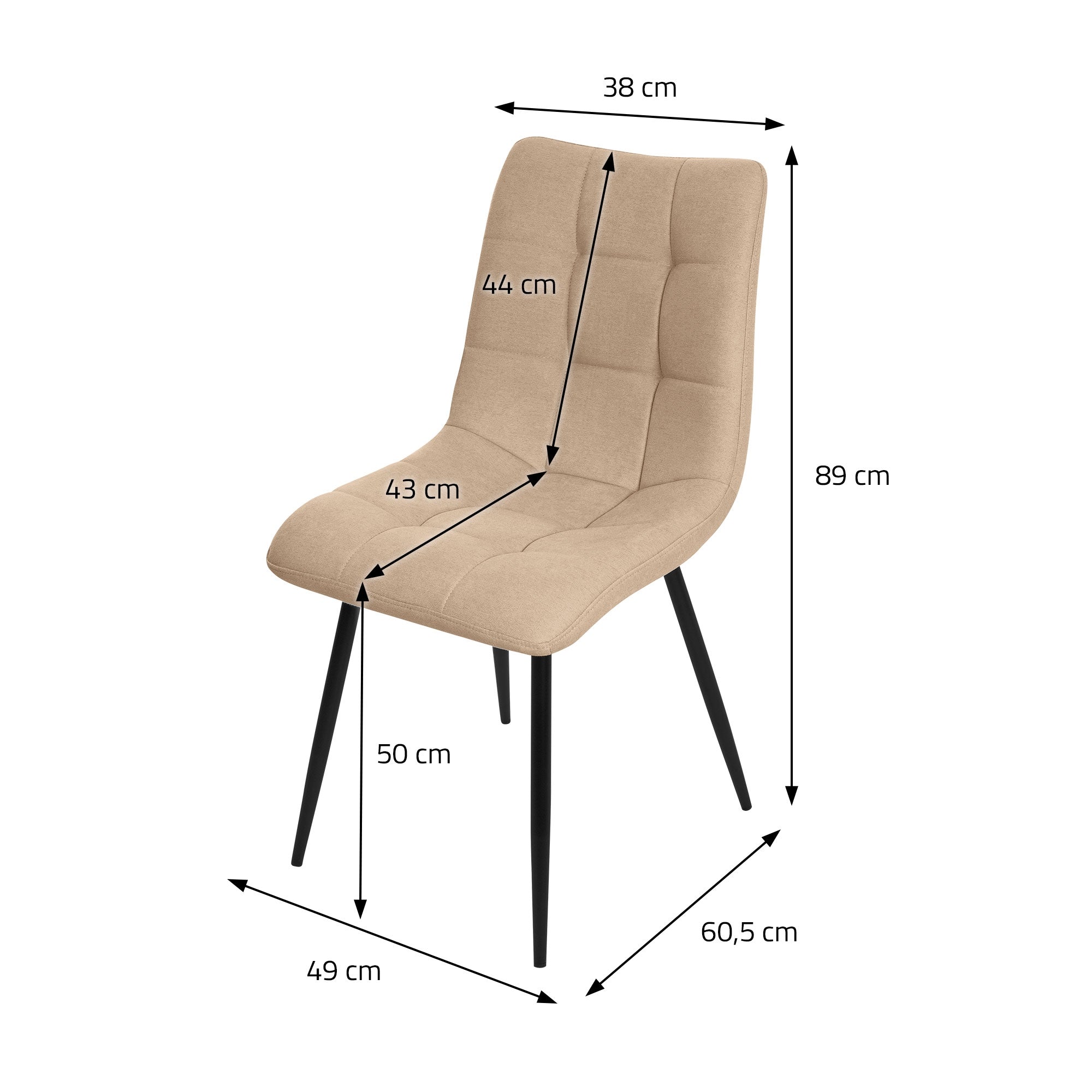 Dimension drawing of a beige chair with measurements in centimeters.