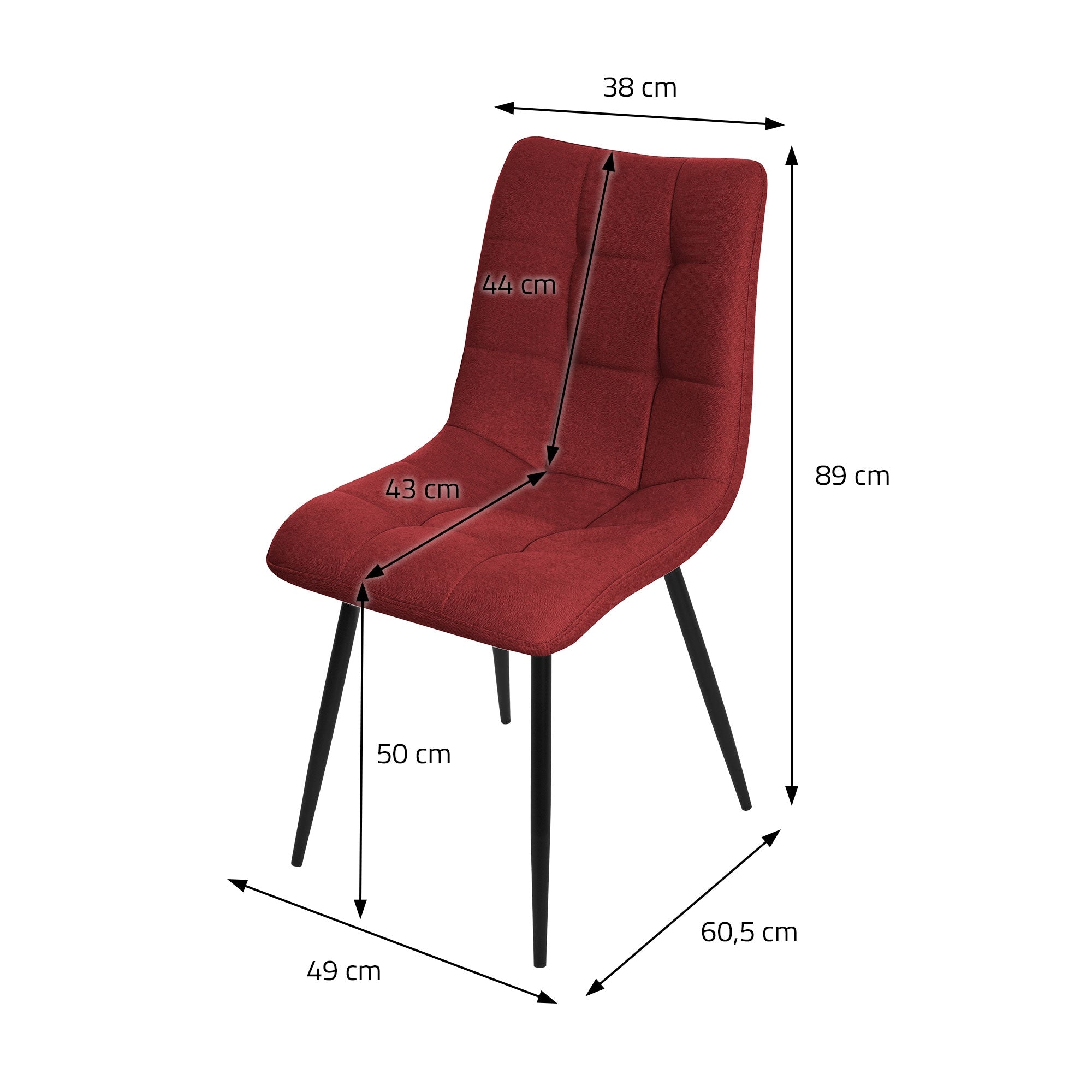 Disegno di una sedia rossa con dimensioni.