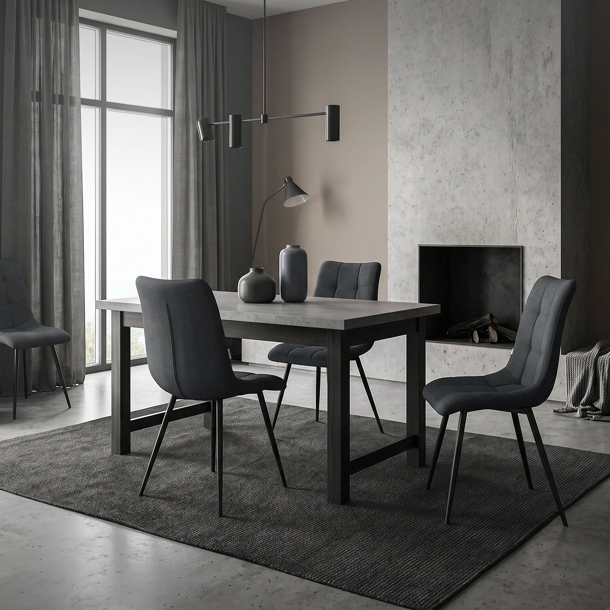 Modern dining furniture with chairs and table in a bright room.
