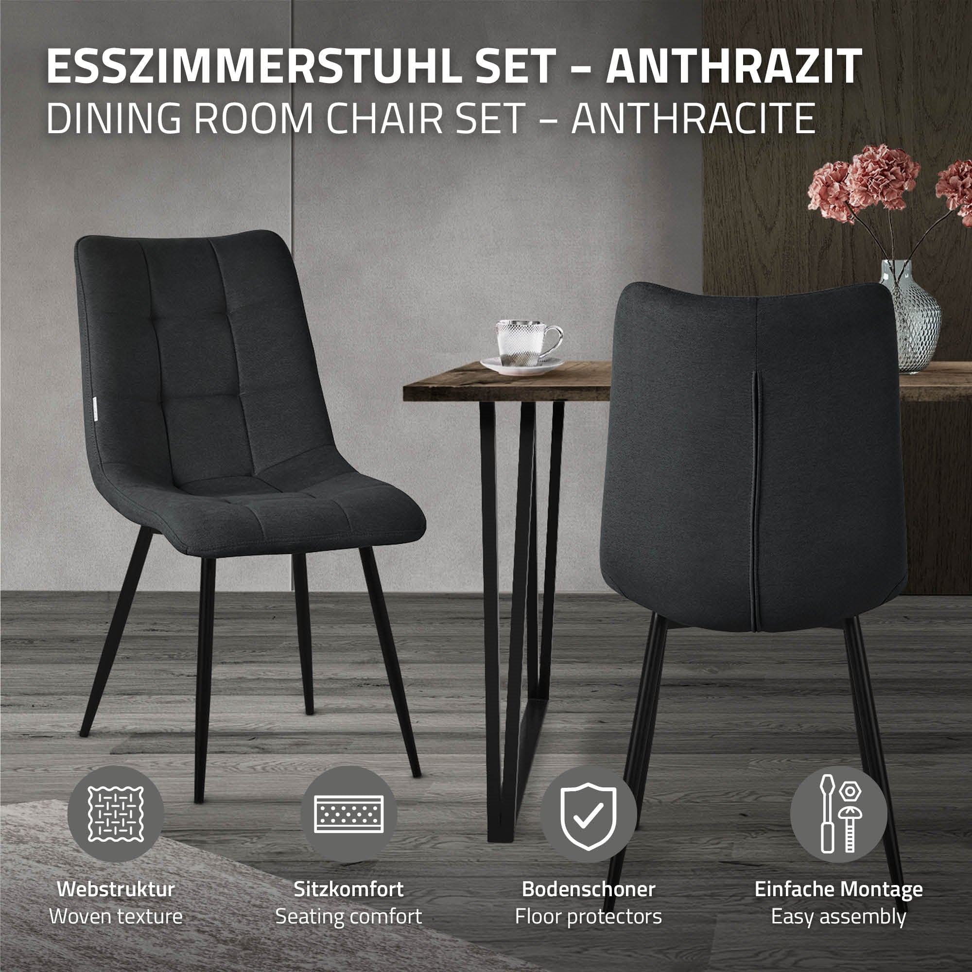 Black dining chair set at a table in a modern room.