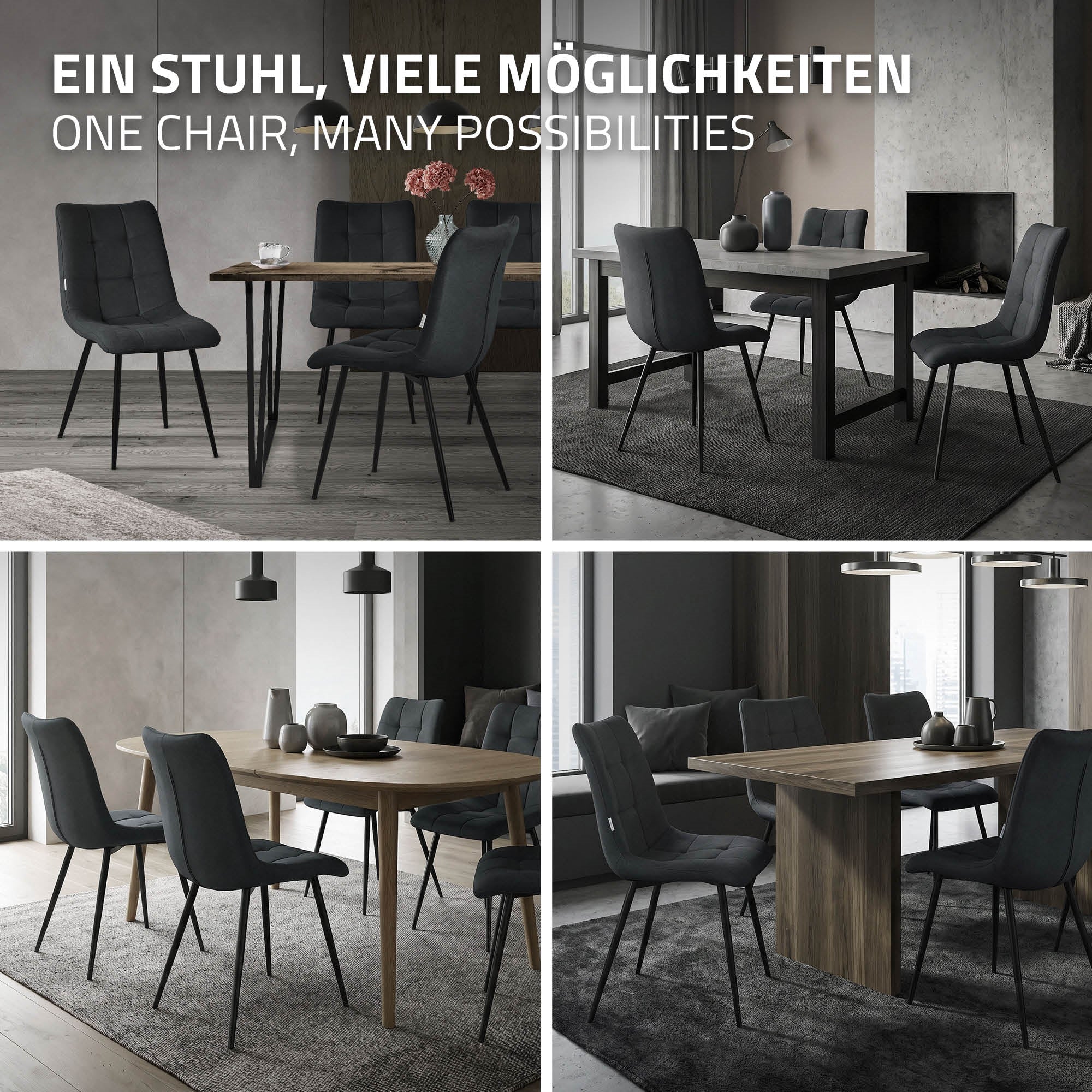 Collage of black chairs at various dining tables in a room.