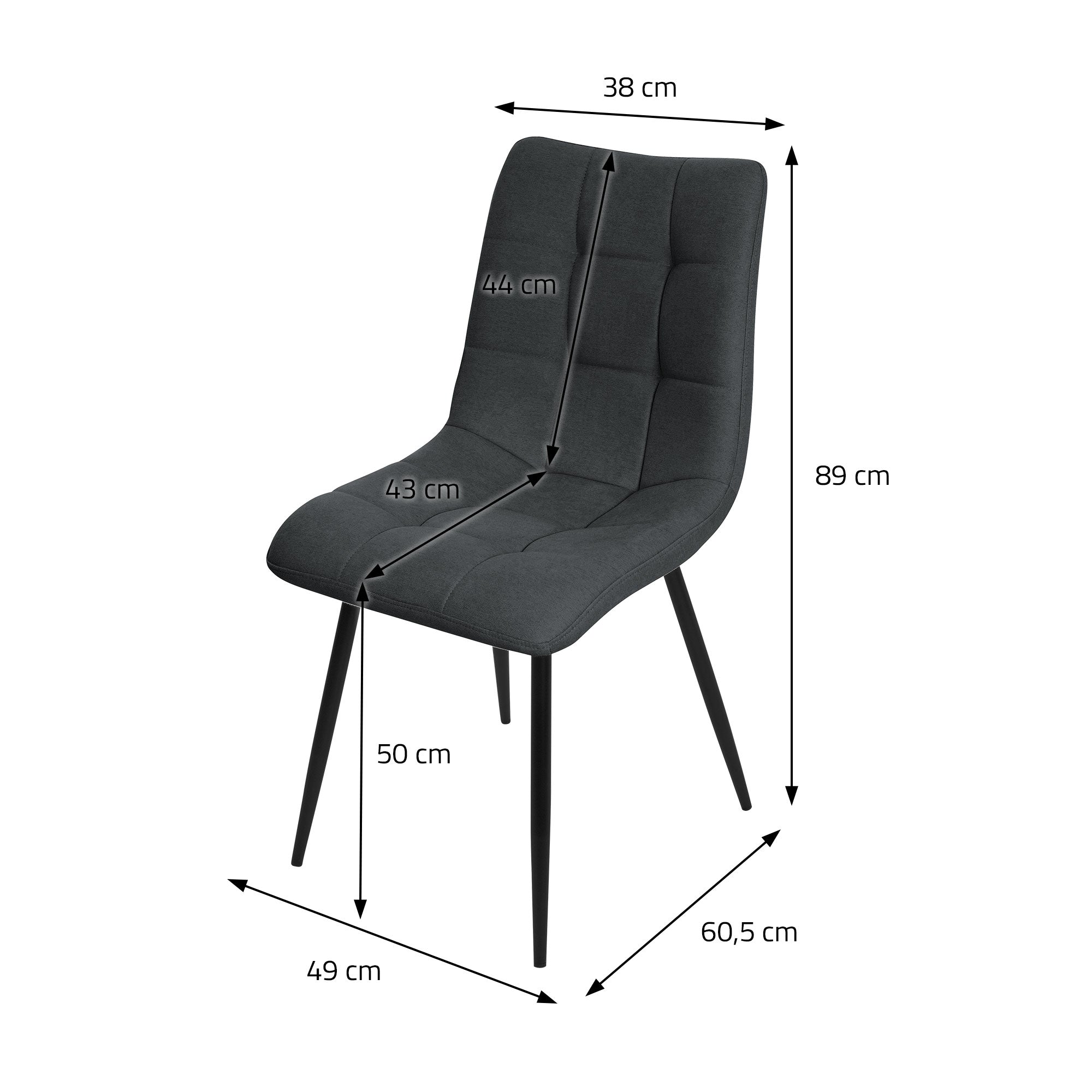 Measurement drawing of a black chair with dimensions in cm.