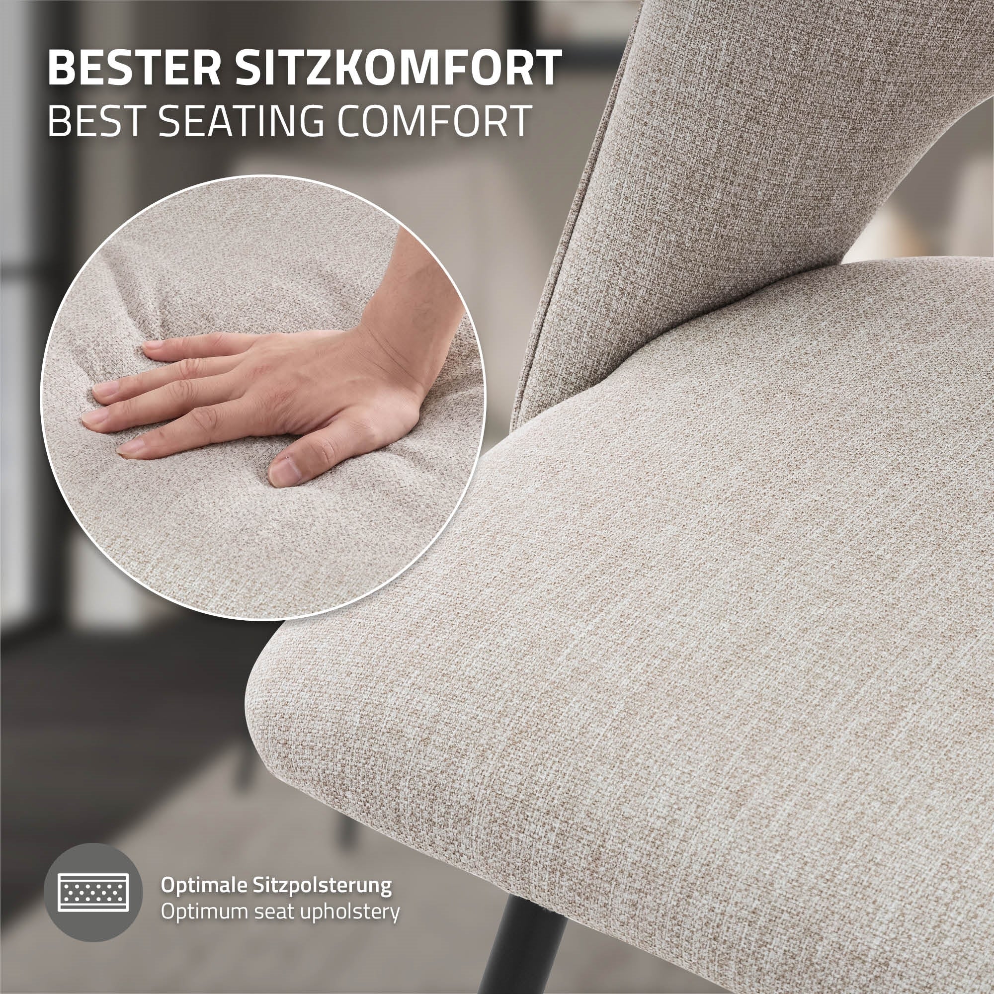 Nahaufnahme eines Stuhls mit Hand, die den Sitzkomfort testet.