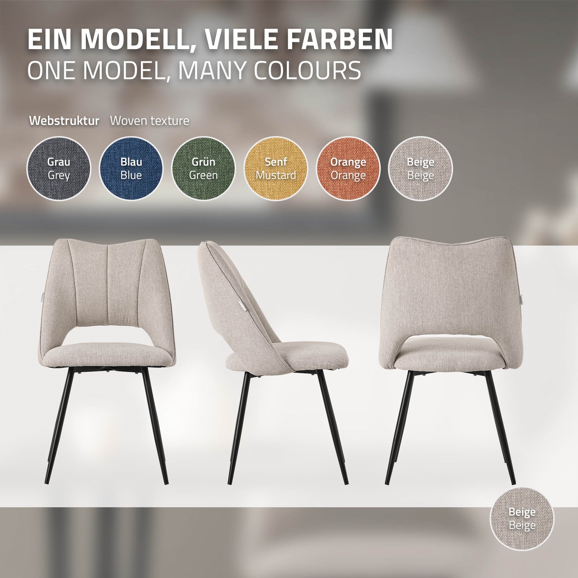 Drei Stühle in verschiedenen Farben vor einem hellen Hintergrund.