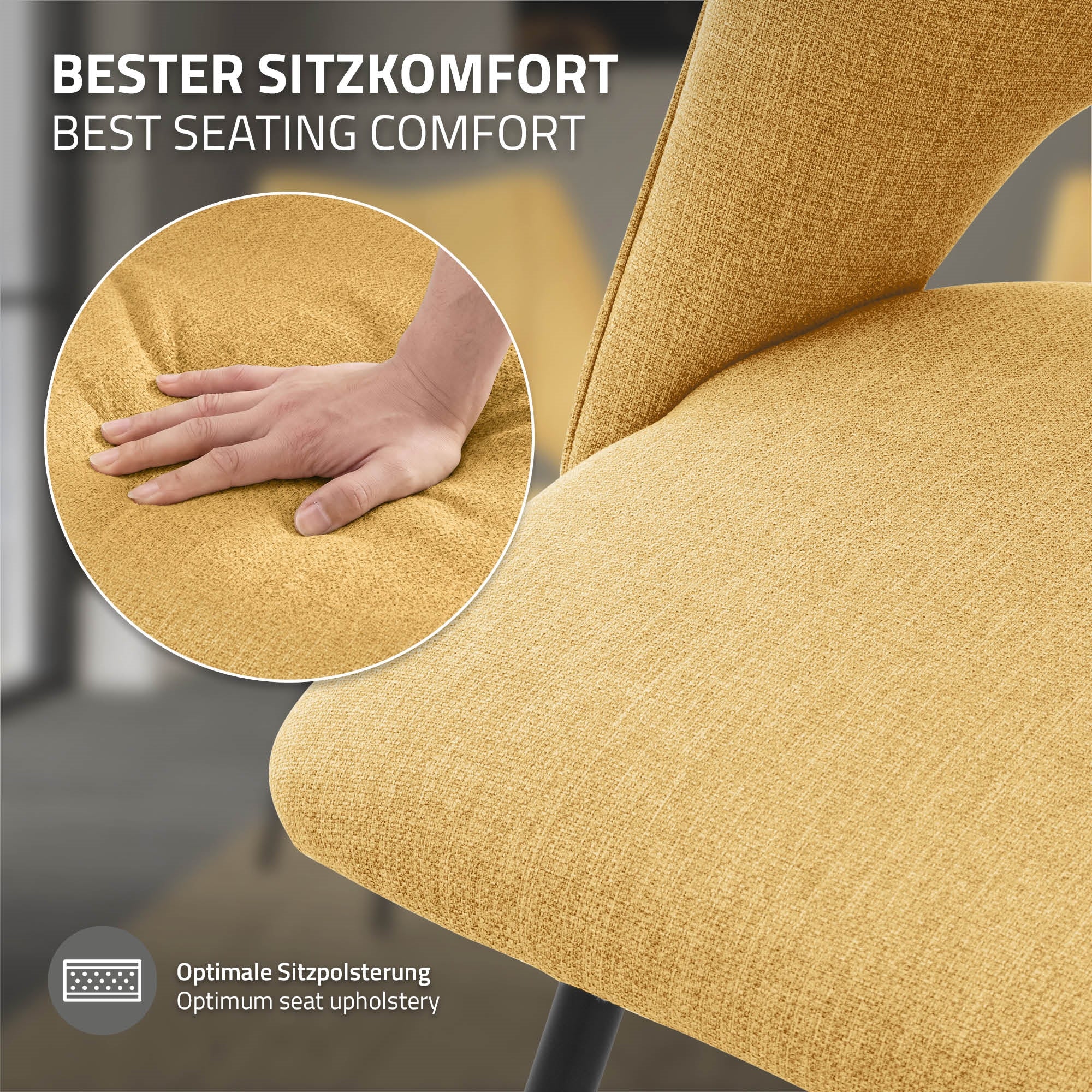 Detailní záběr na žlutou židli s rukou, která tlačí na polstrování.