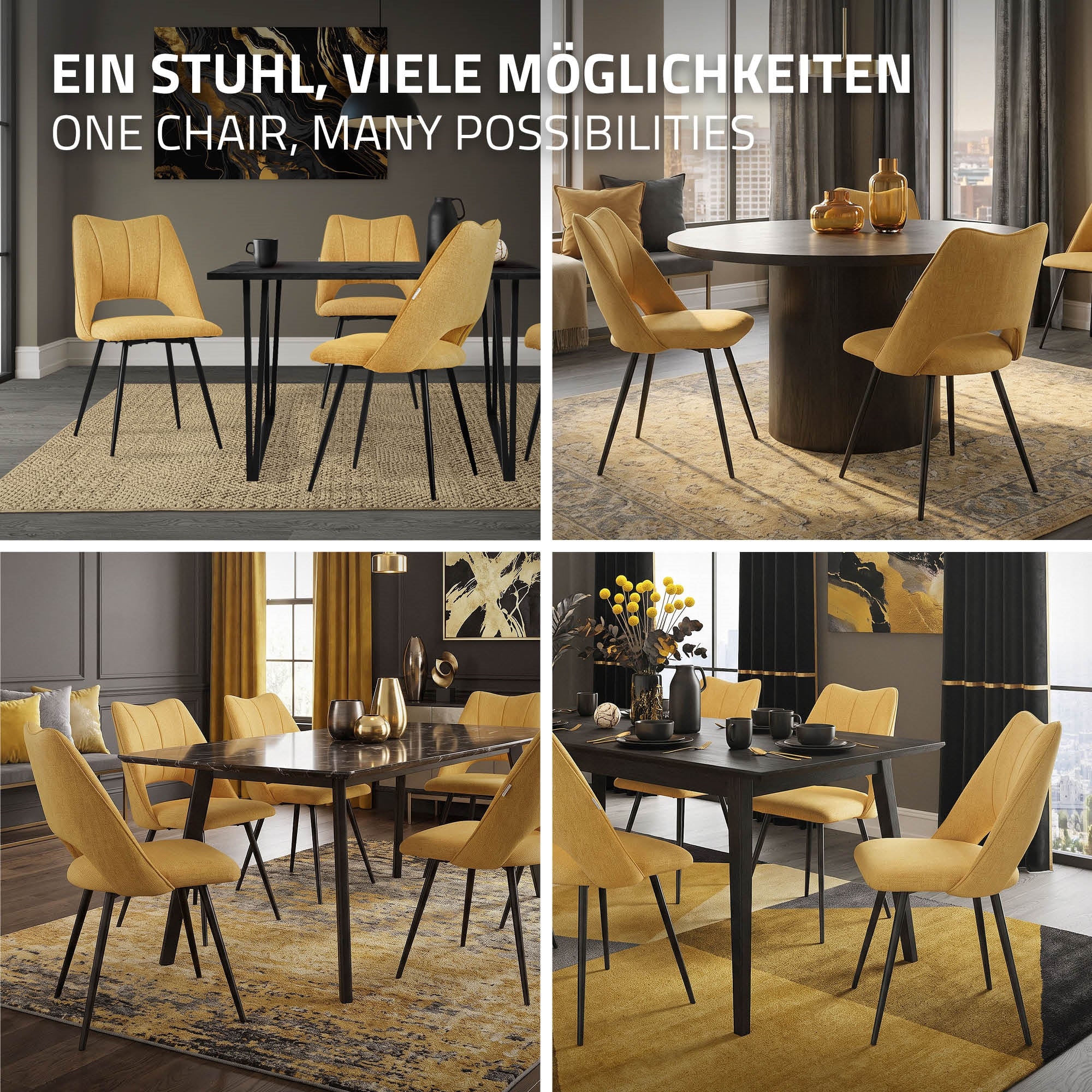 Různé žluté židle kolem kulatého stolu v elegantní místnosti.