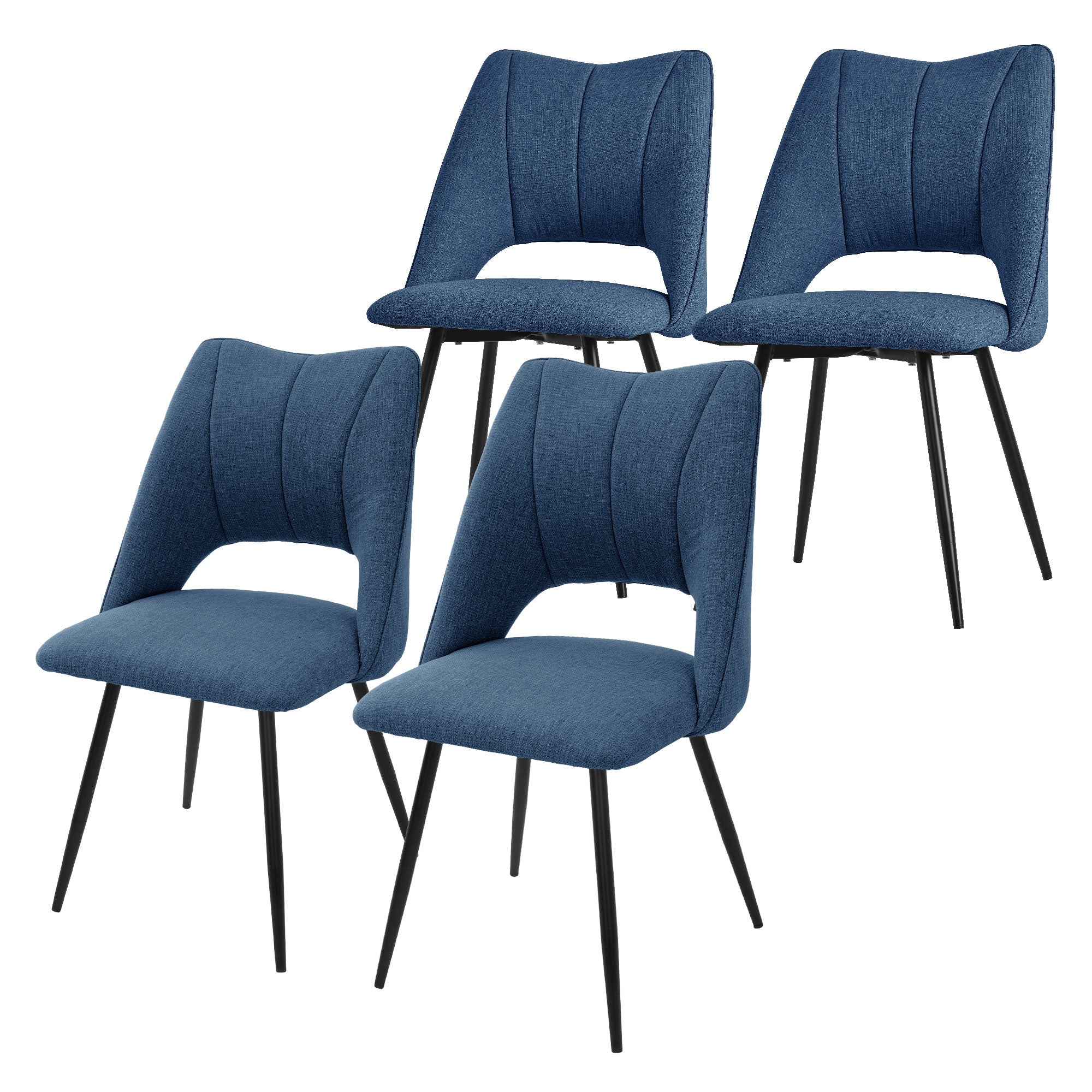 Cuatro sillas azules con patas negras dispuestas en grupo.