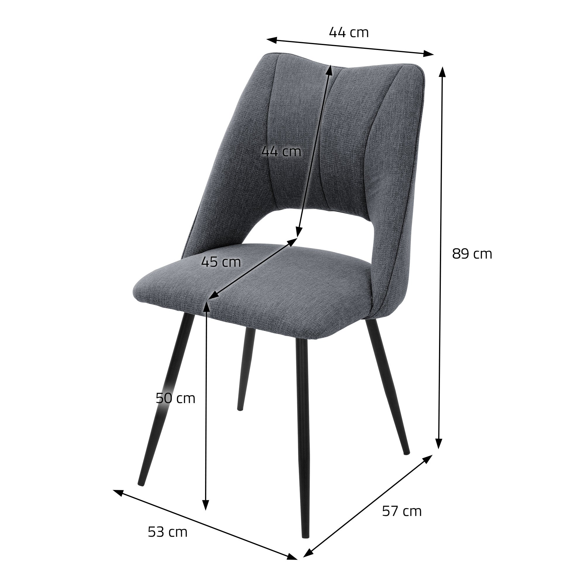 Grauer Stuhl mit Maßen: Höhe 89 cm, Breite 53 cm, Tiefe 50 cm.