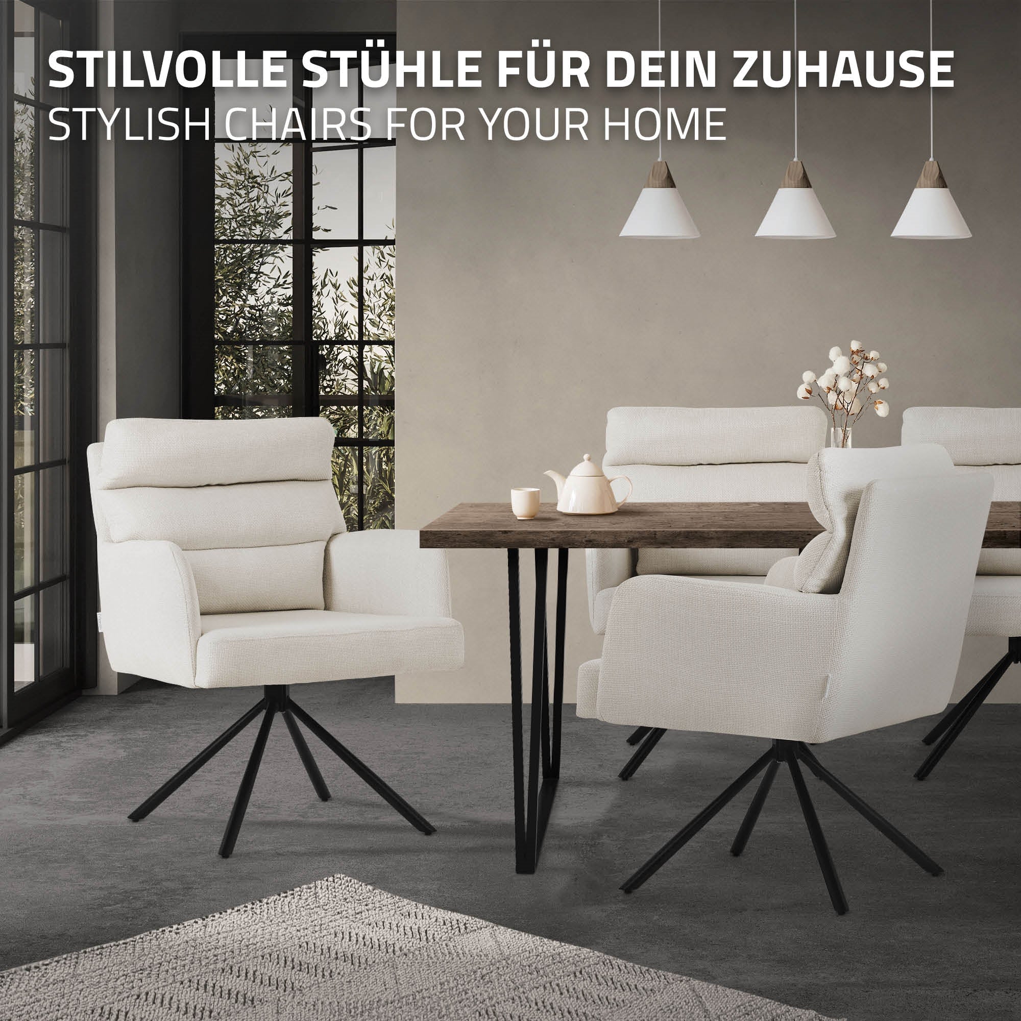 Sedie bianche attorno a un tavolo di legno in una stanza moderna con grandi finestre.