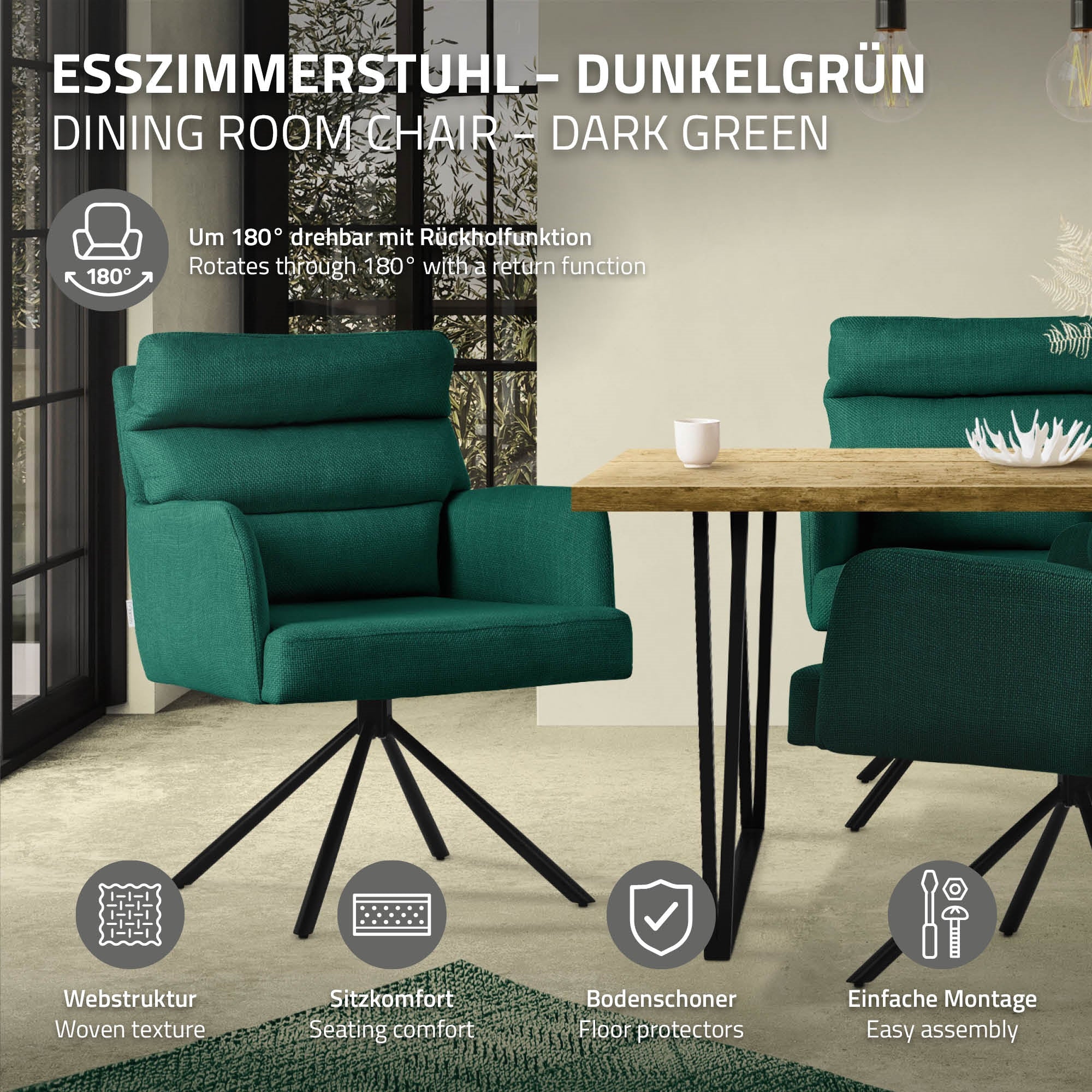 Mørkegrøn spisestol med tilbageholdelsesfunktion og bord.