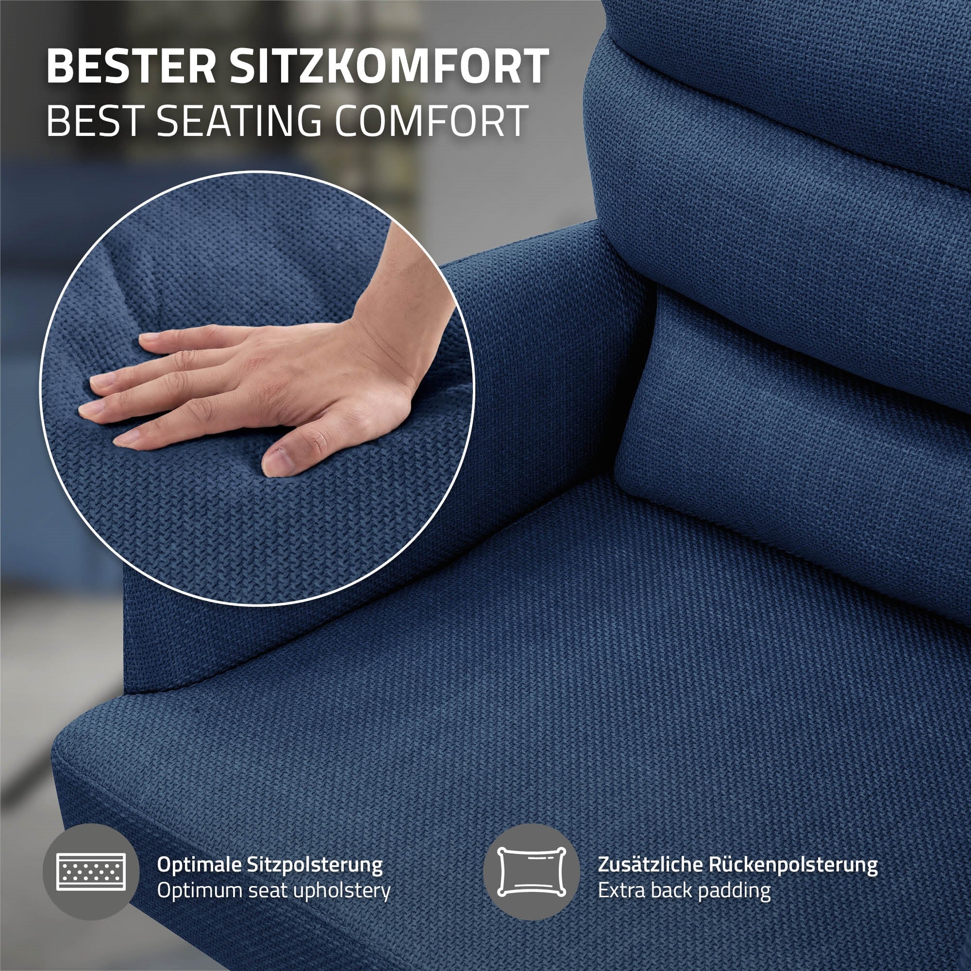 Primo piano di un rivestimento blu con una mano che testa il comfort di seduta.