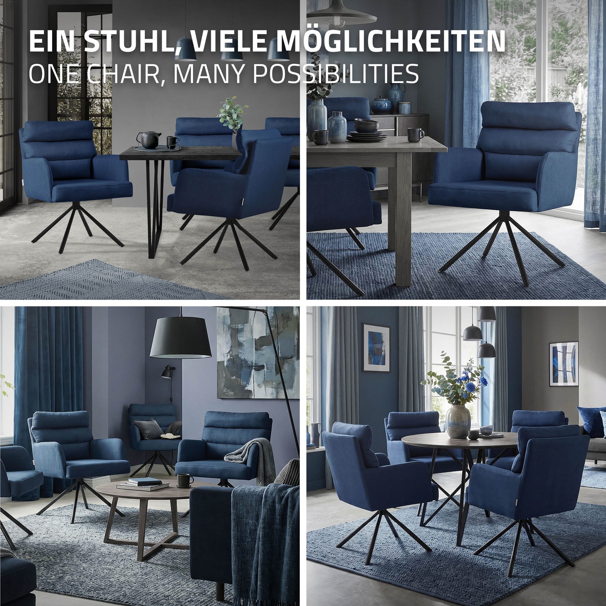 Quattro immagini di un soggiorno moderno con mobili blu e un tavolo.