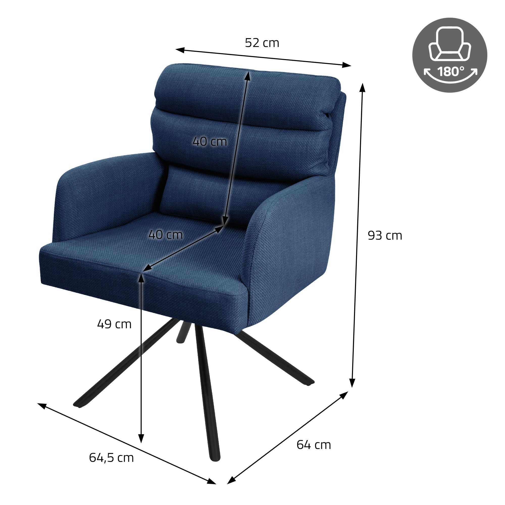 Disegno dimensionale di una sedia blu con misure.