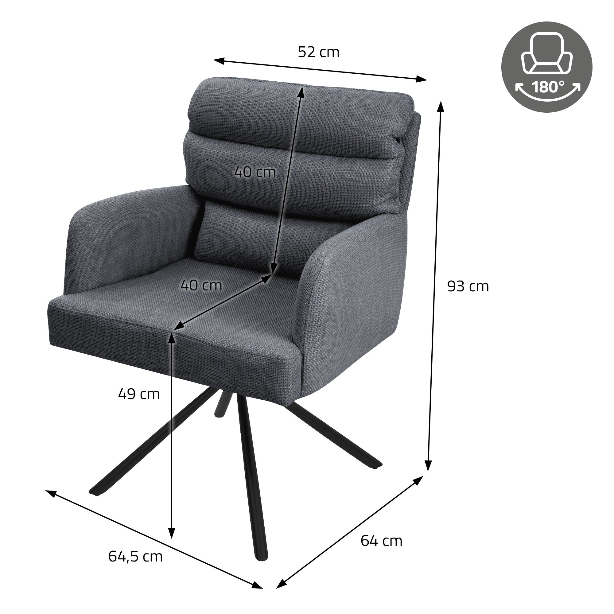 Mitat harmaasta kääntötuolista mittoineen.
