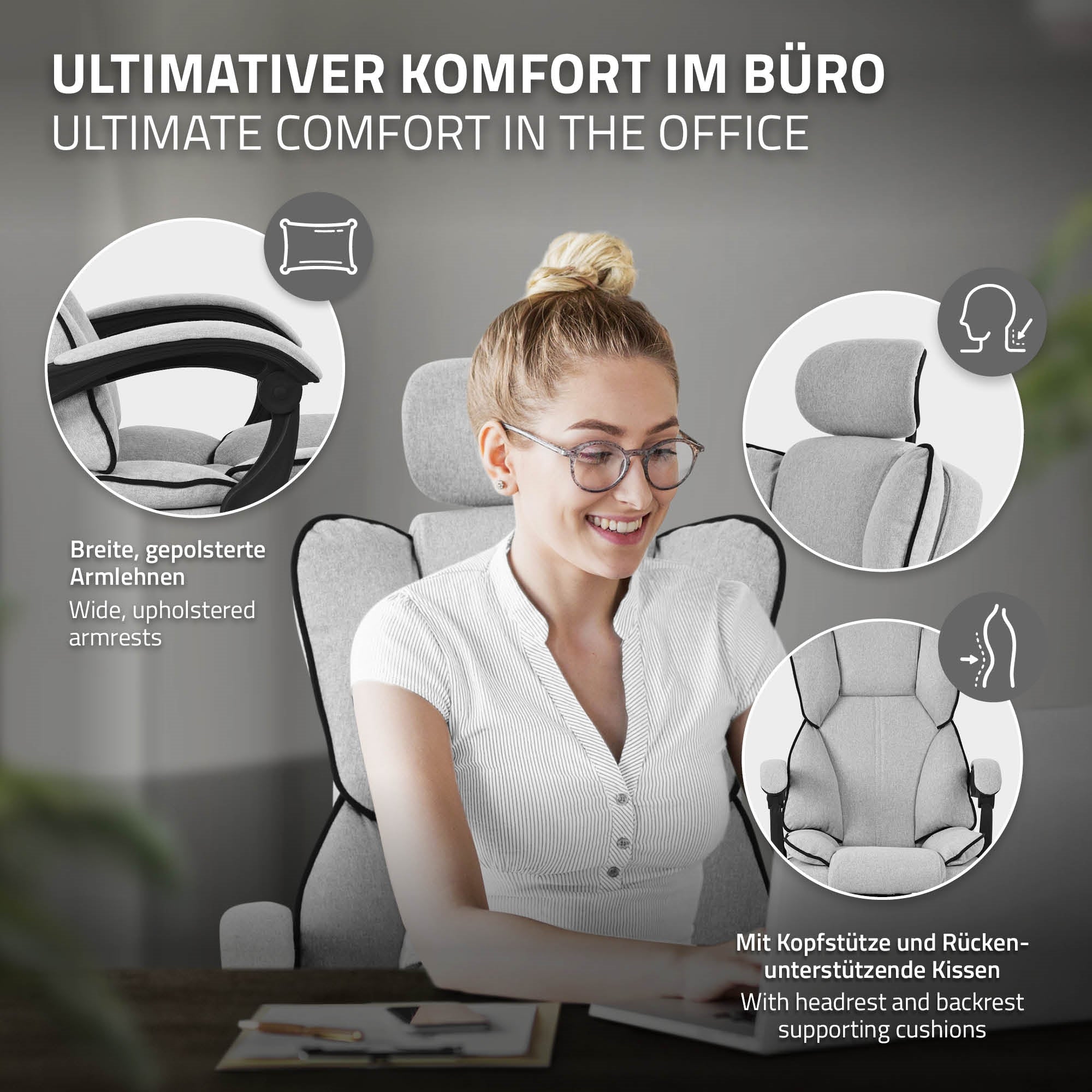 Chaise de bureau avec accoudoirs rembourrés et appui-tête, dans un bureau moderne.