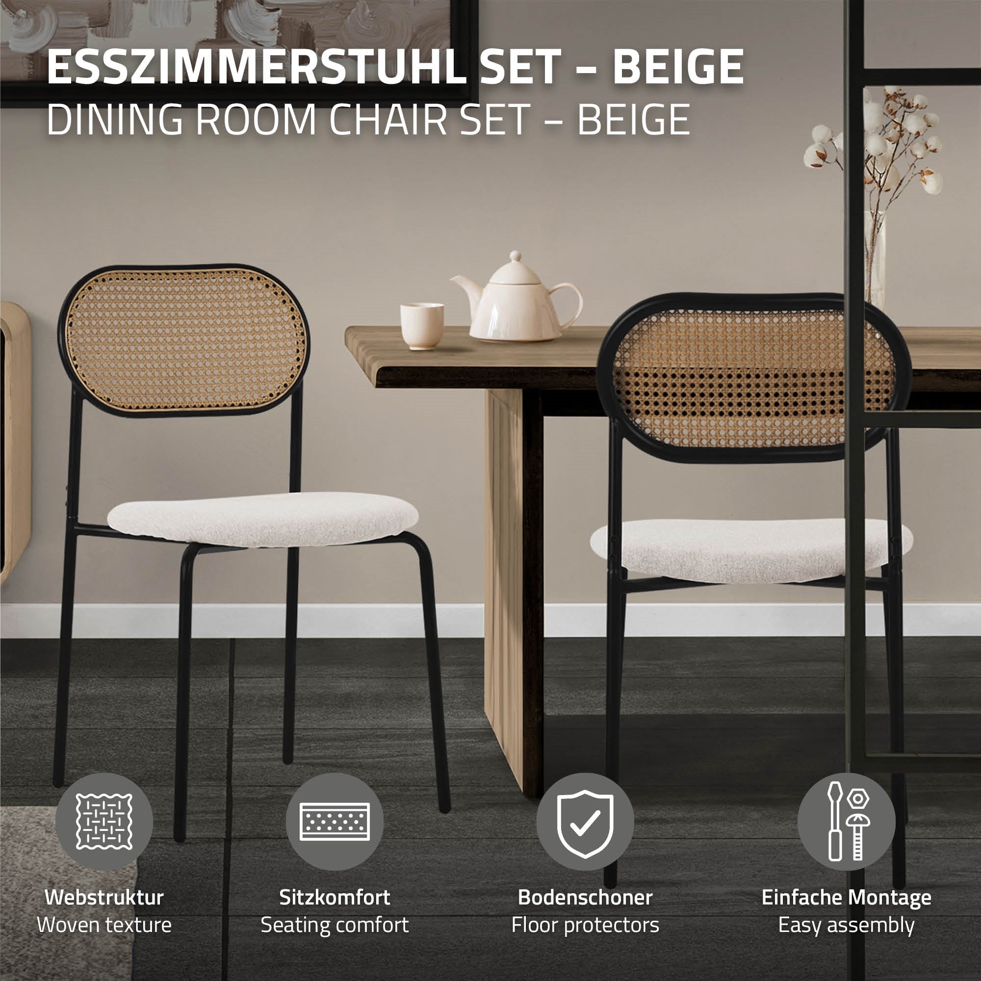 Set di sedia da pranzo beige con tavolo, sedie e istruzioni di montaggio.
