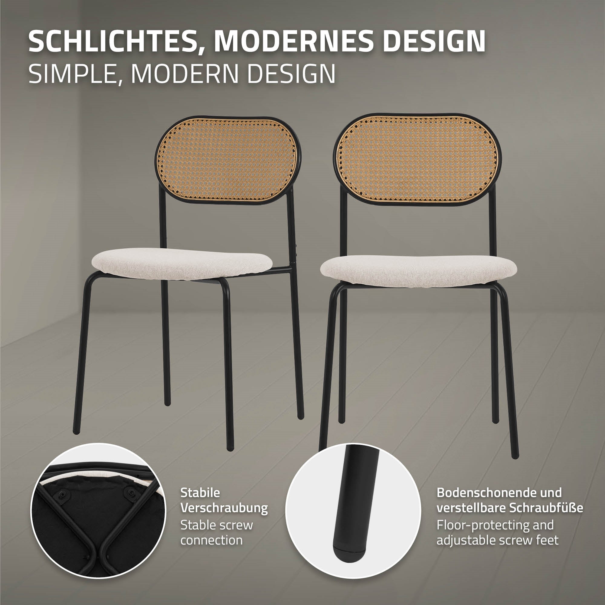 Due sedie con design moderno, testo sul collegamento a vite.