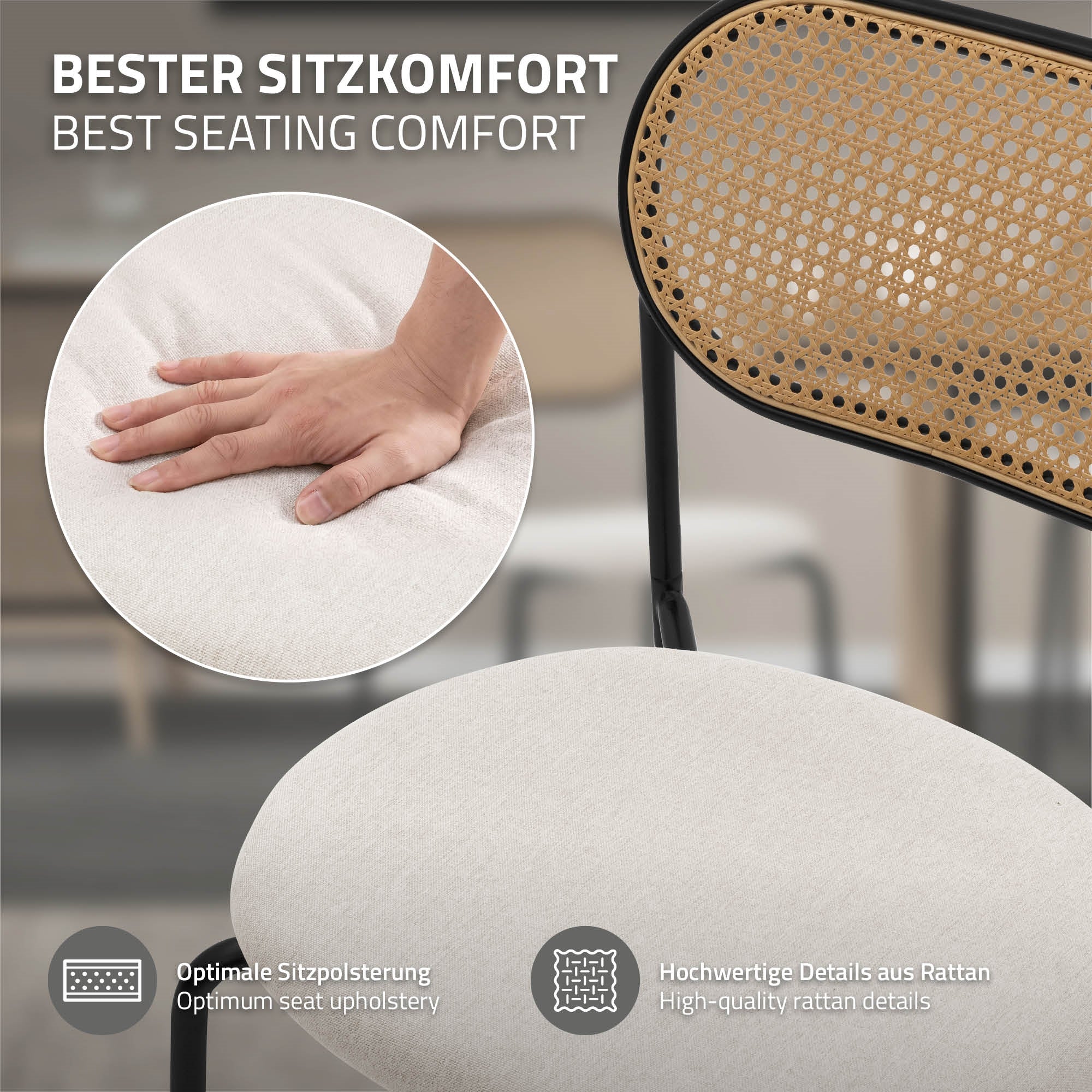 Primo piano di una mano su una sedia imbottita con elementi in rattan.