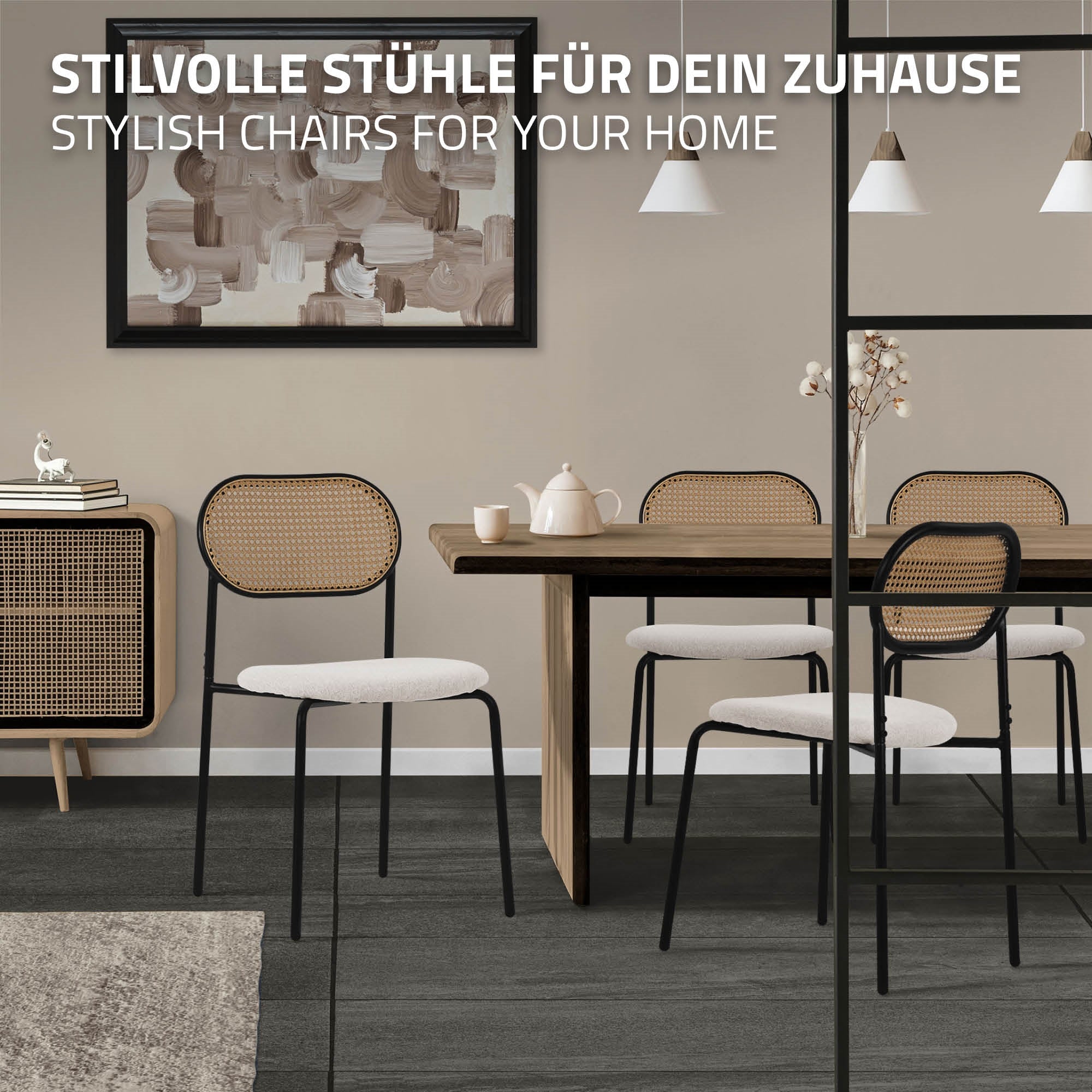 Sala da pranzo con sedie eleganti e un tavolo in una stanza moderna.
