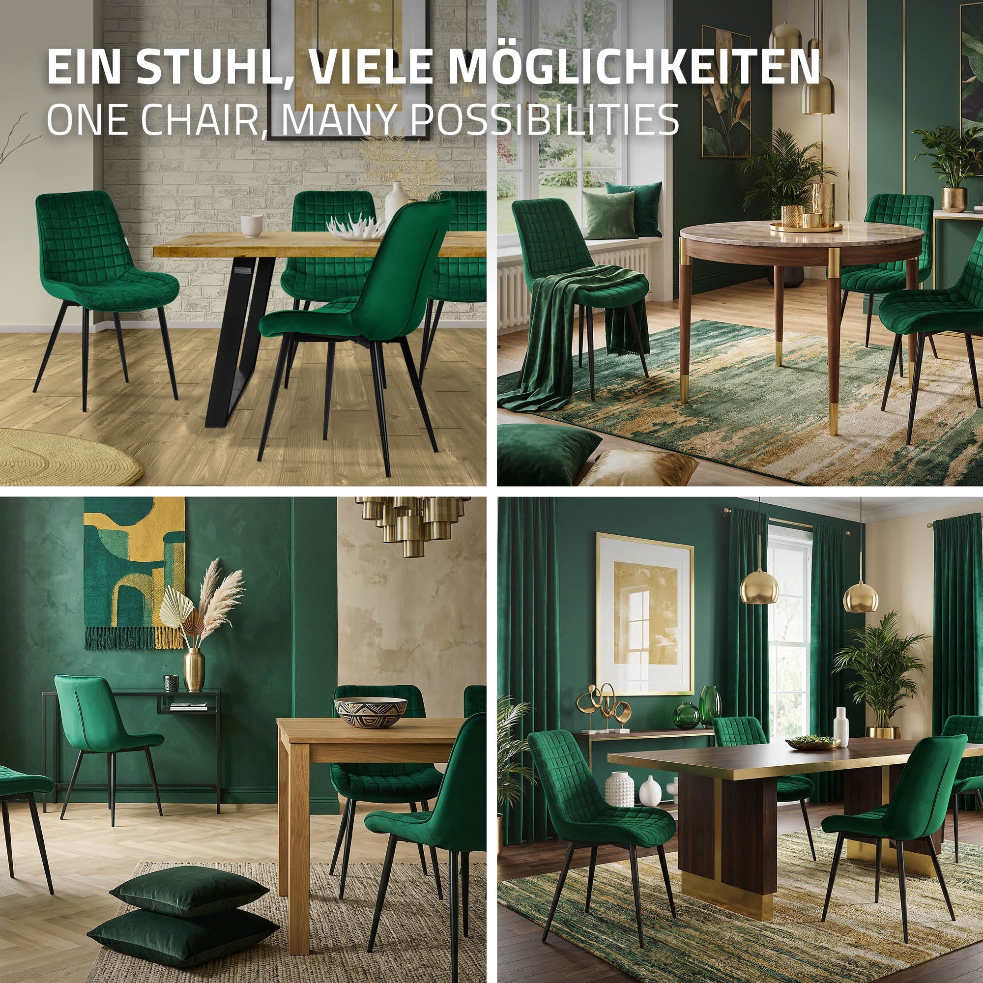 Collage of various ways to use a green chair in a room.