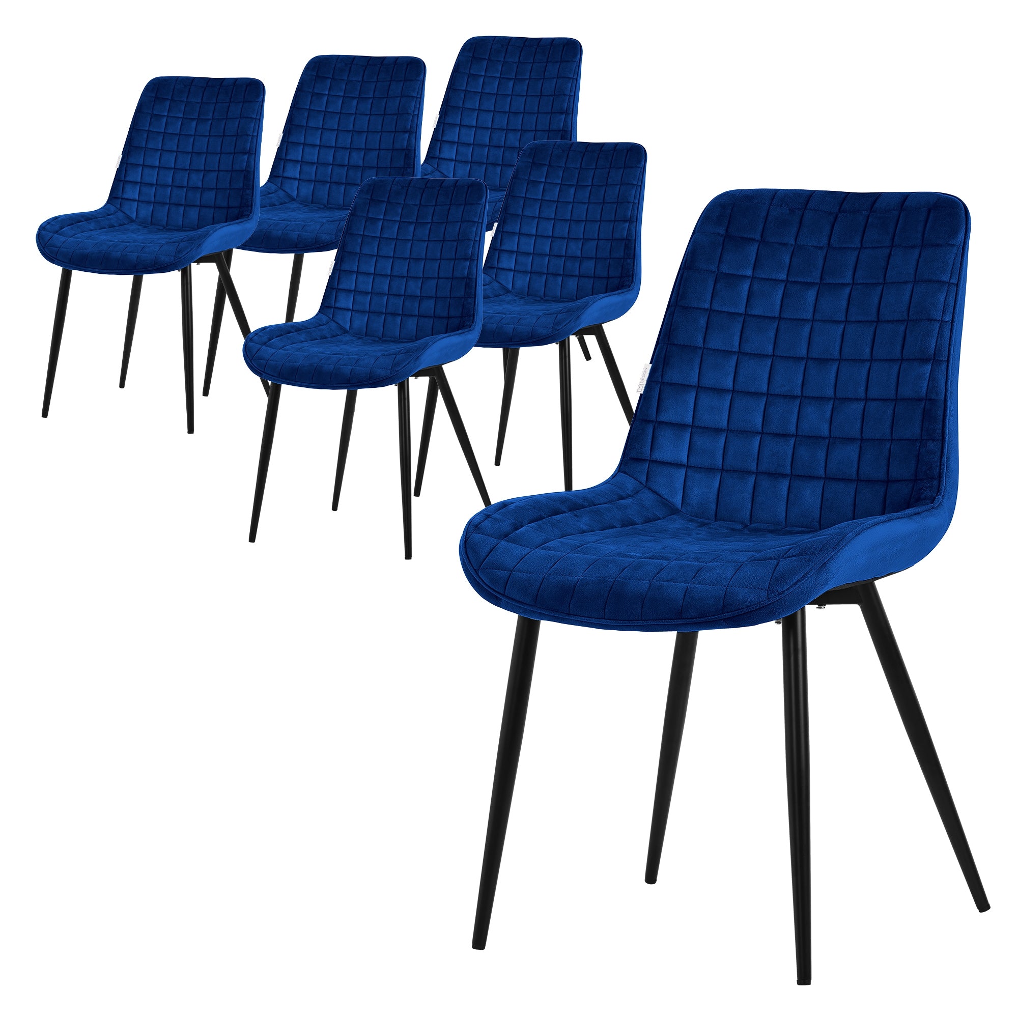Sechs blaue Stühle mit gepolsterten Sitzen und schwarzen Beinen.