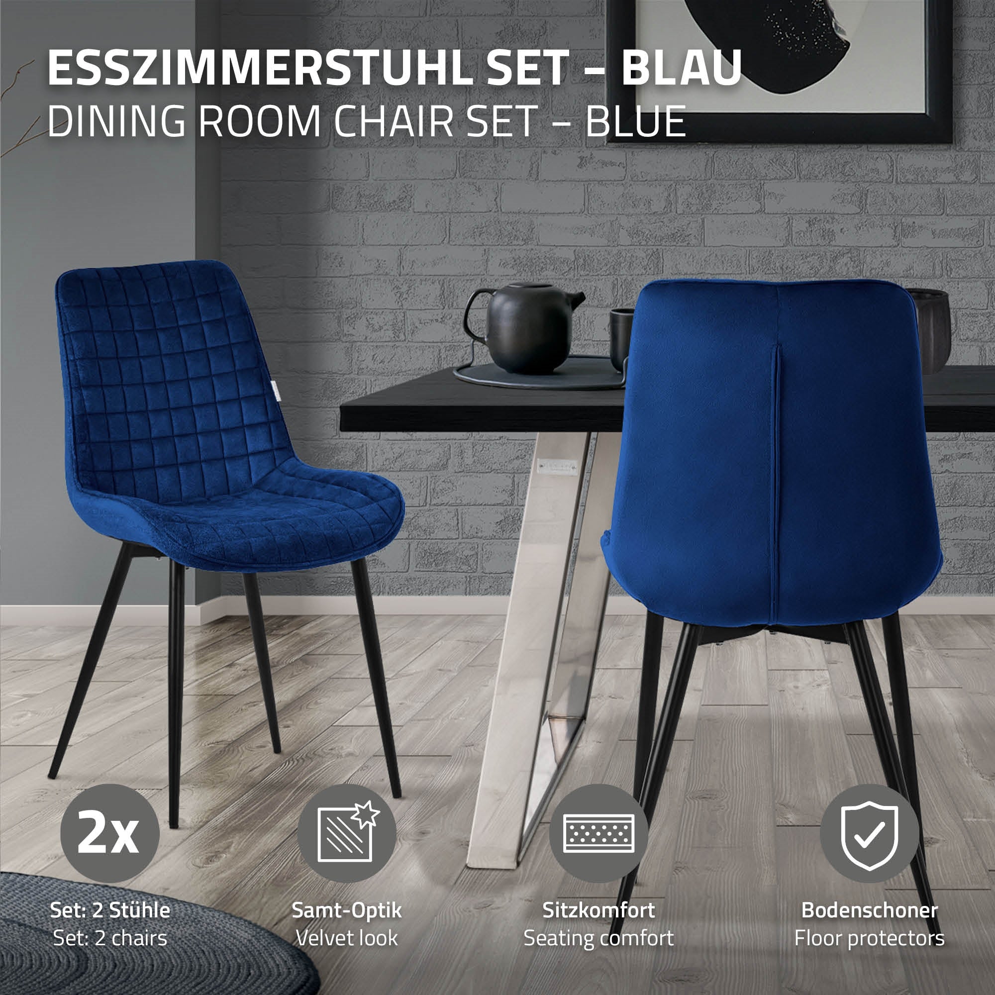 Chaise de salle à manger bleue à côté d'une table dans une pièce moderne.