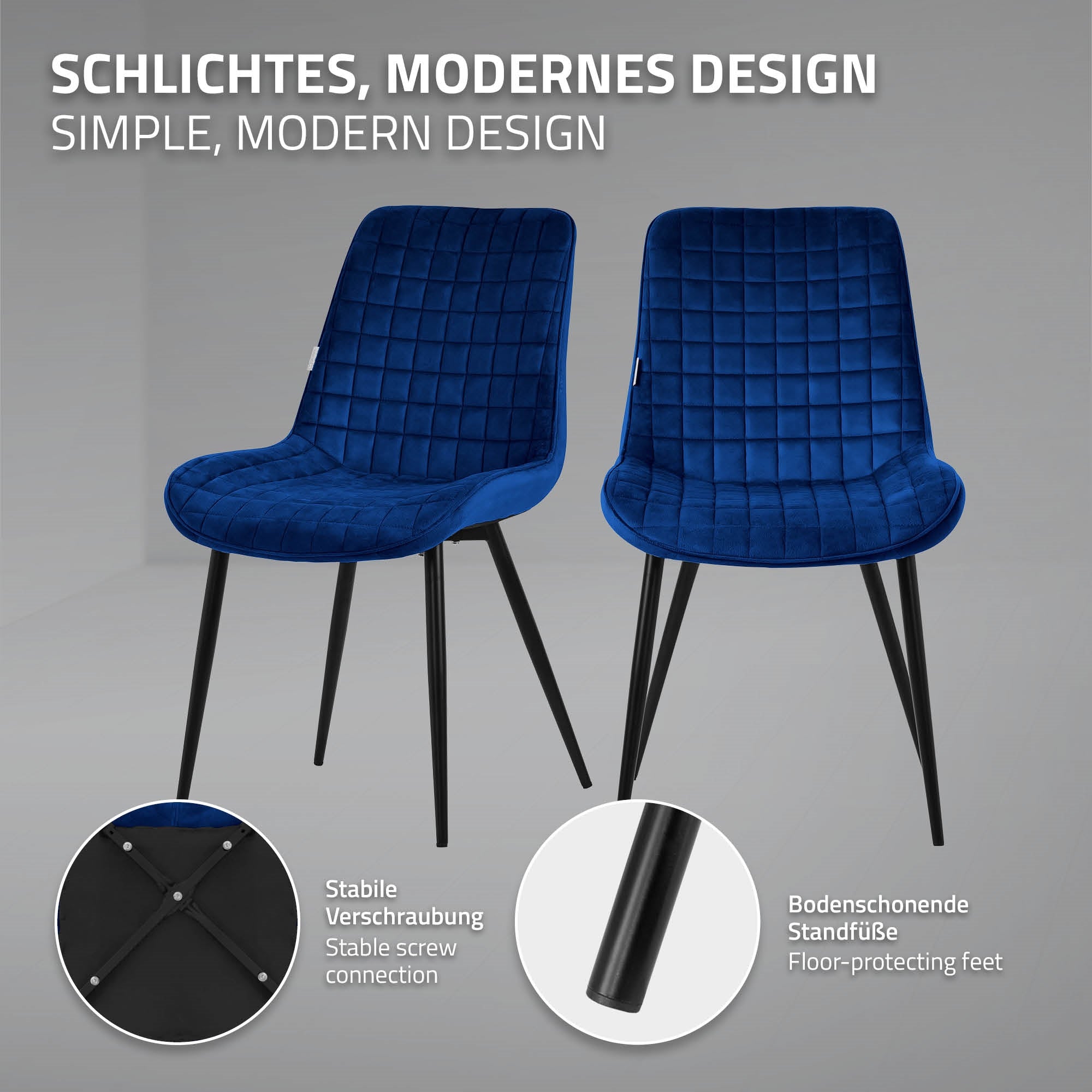 Deux chaises bleues avec un rembourrage carré et des pieds noirs sur un fond clair.