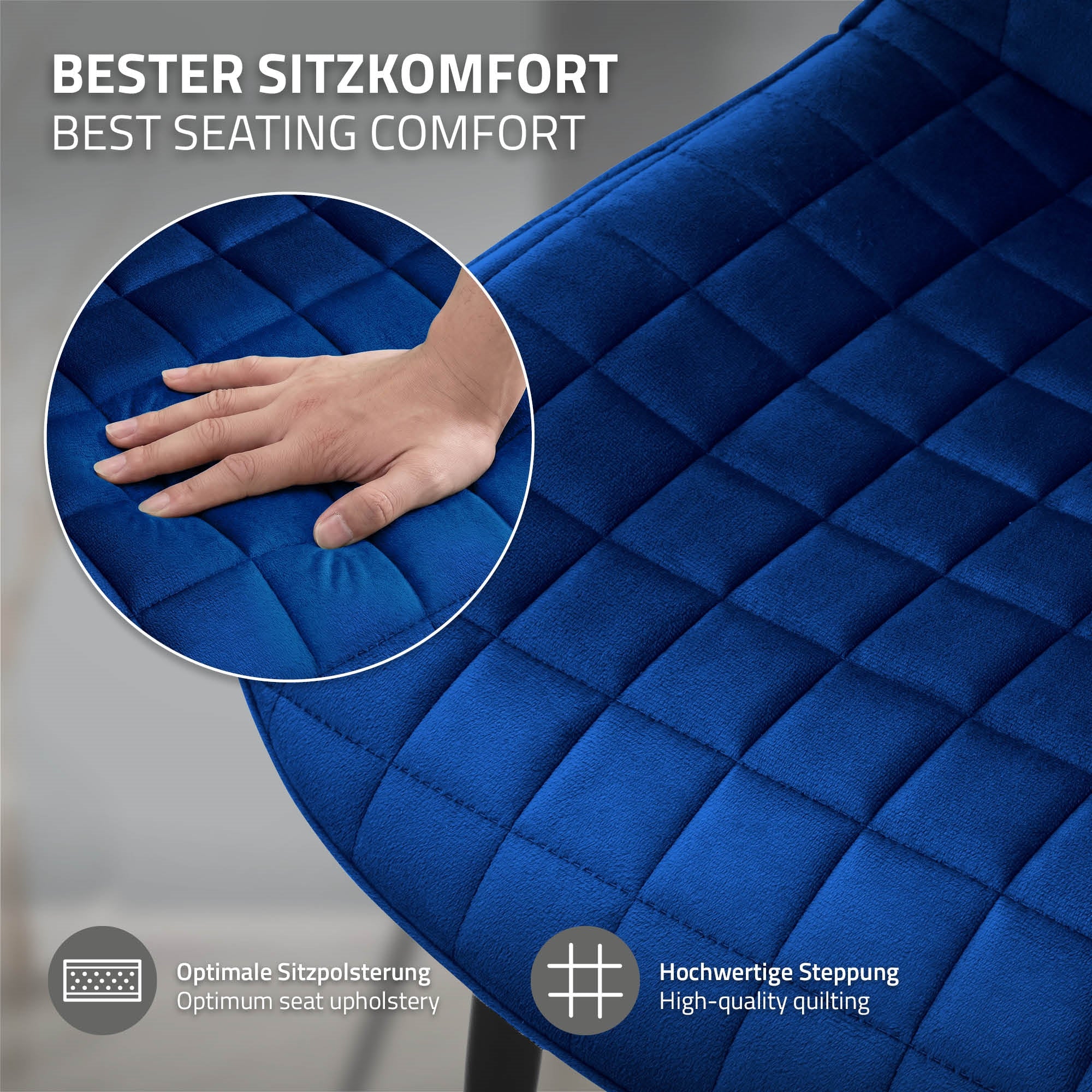 Gros plan sur une chaise bleue avec un siège rembourré.