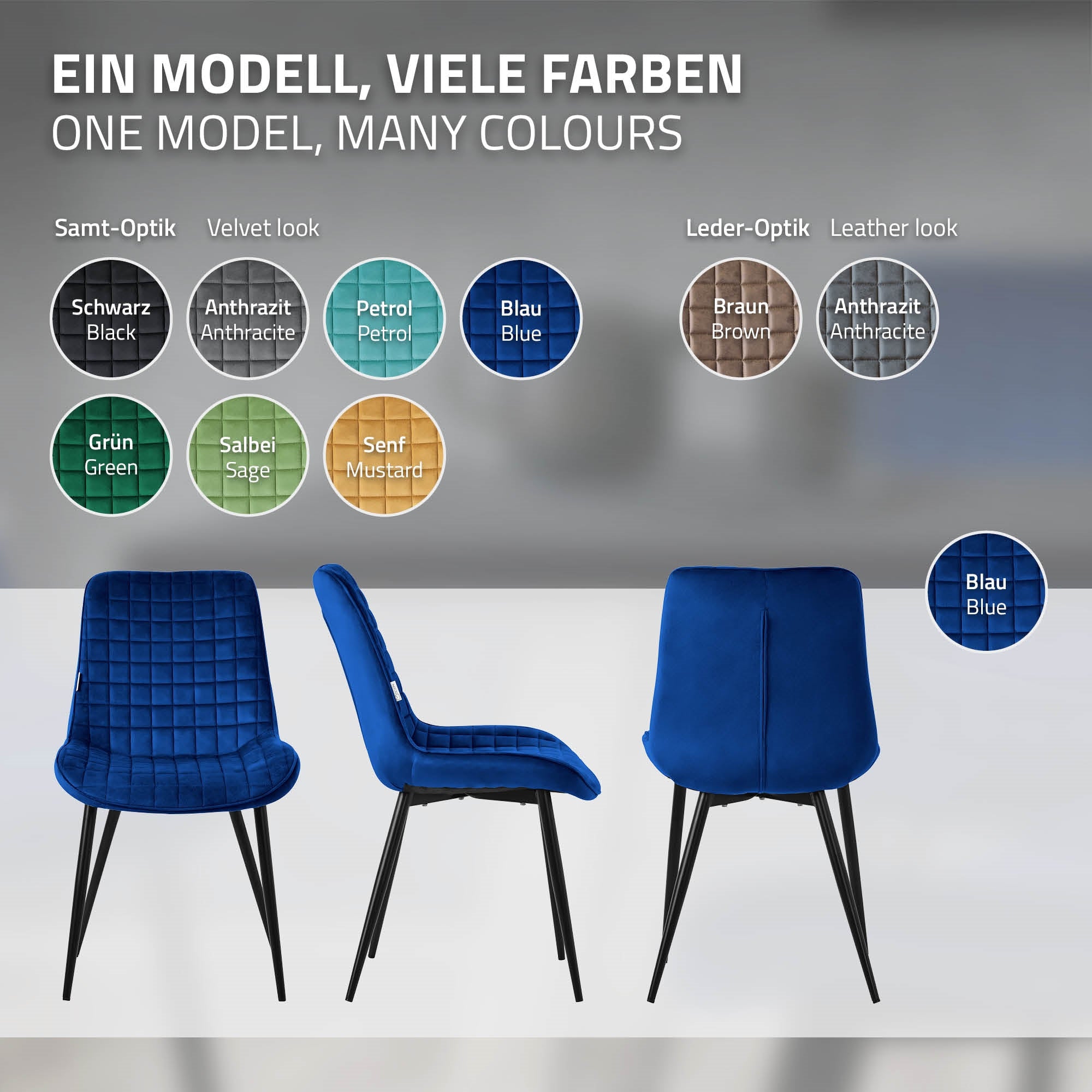Modèle de chaise dans différentes couleurs, présenté en velours et en cuir.