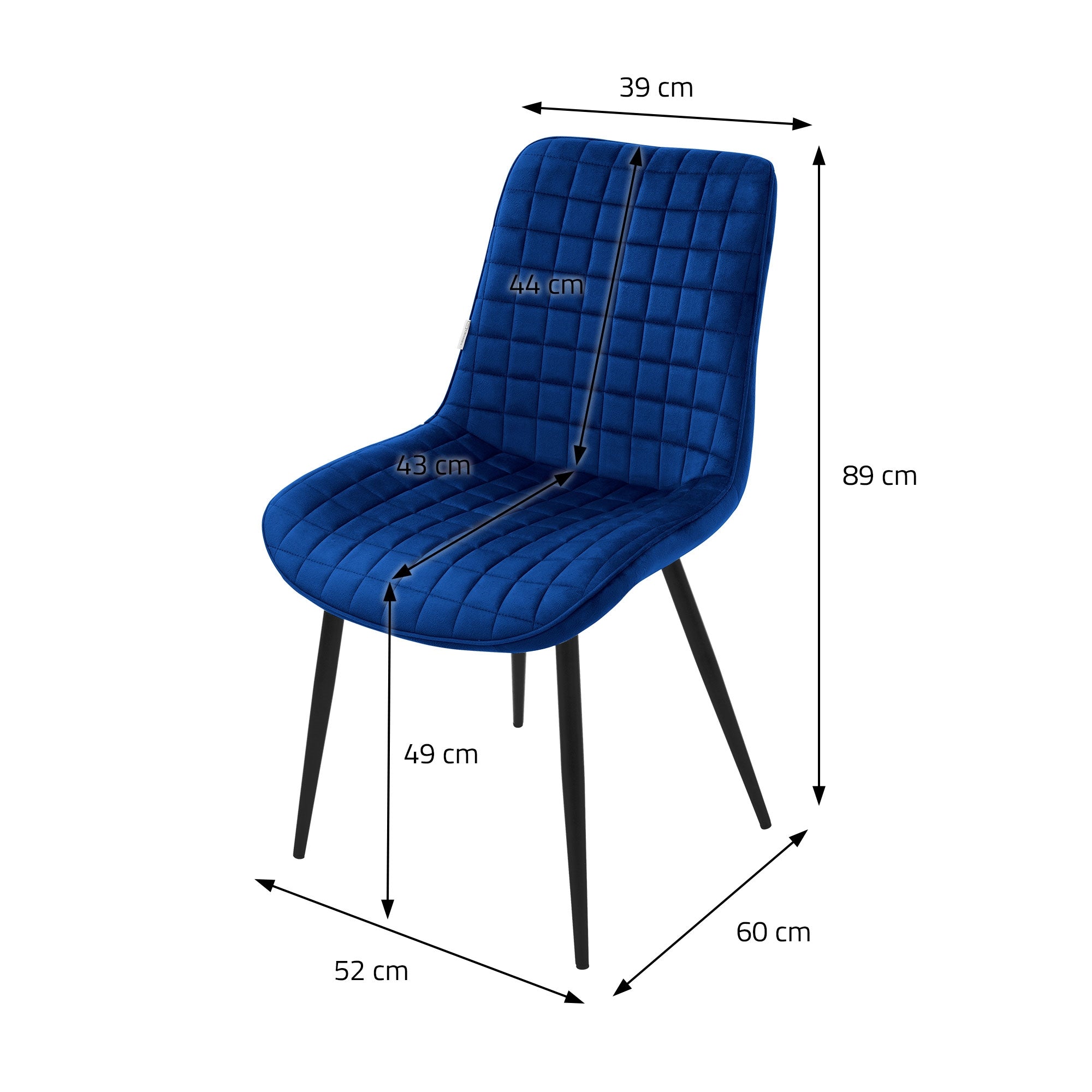 Dessin technique d'une chaise bleue avec des dimensions en centimètres.