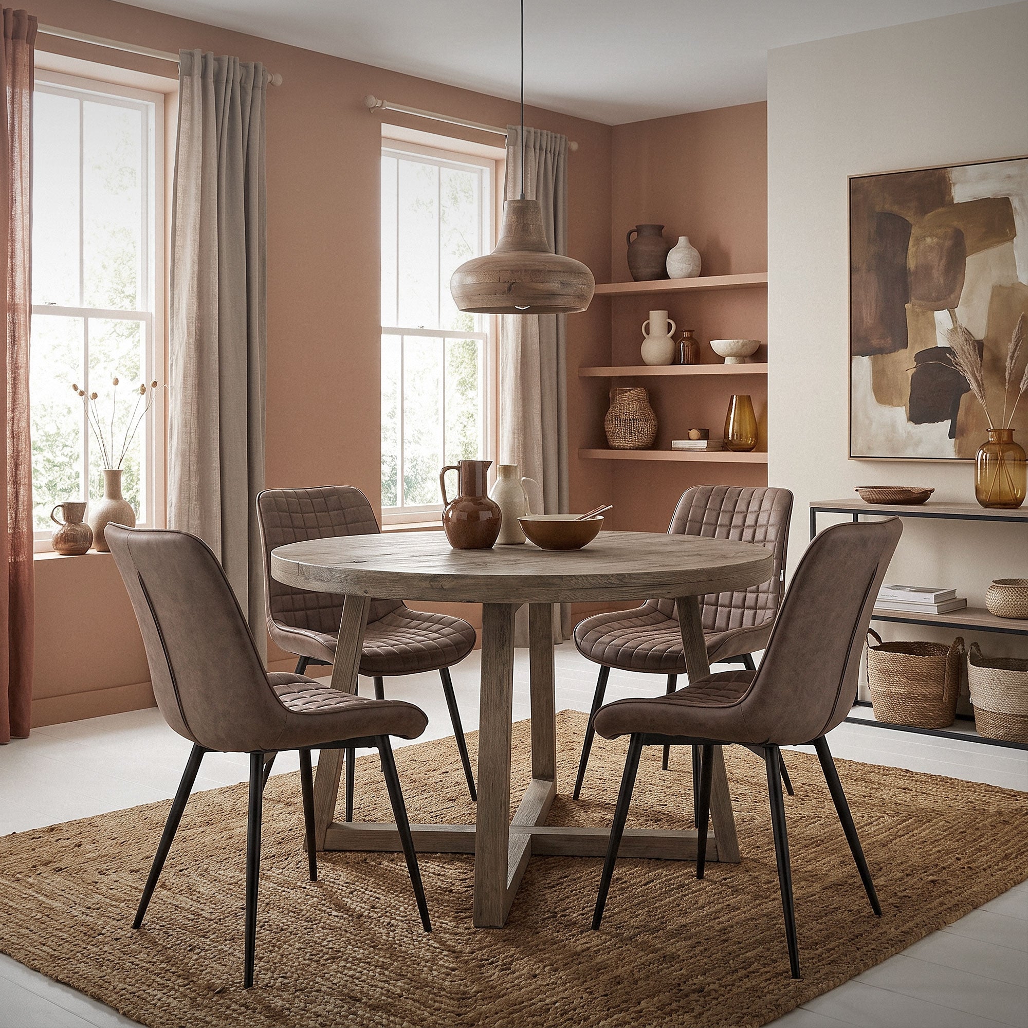 Ein Esszimmer mit einem runden Tisch, Stühlen und einer warmen Farbgestaltung.