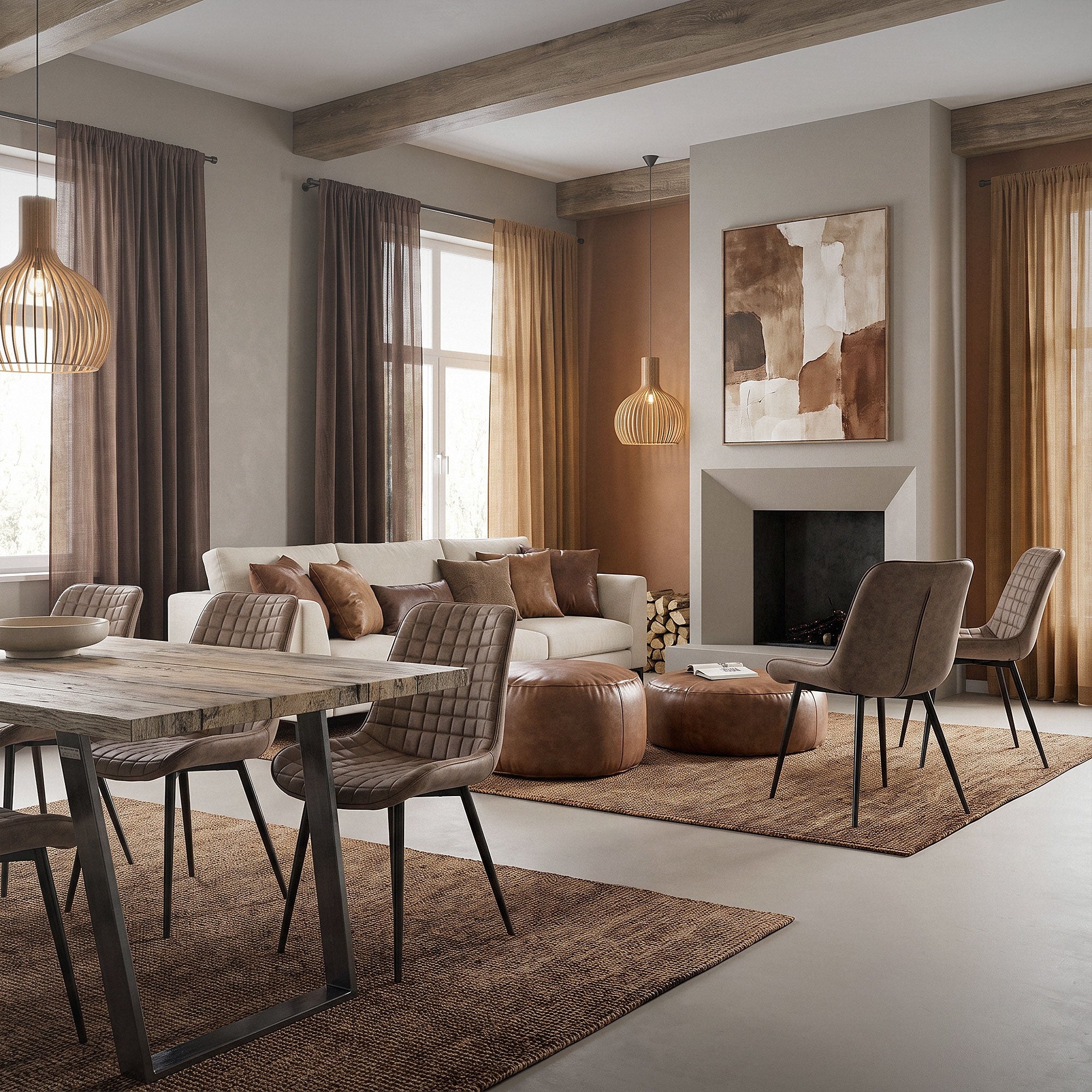 Ein Wohnzimmer mit Sofa, Tisch und Stühlen in warmen Farbtönen.