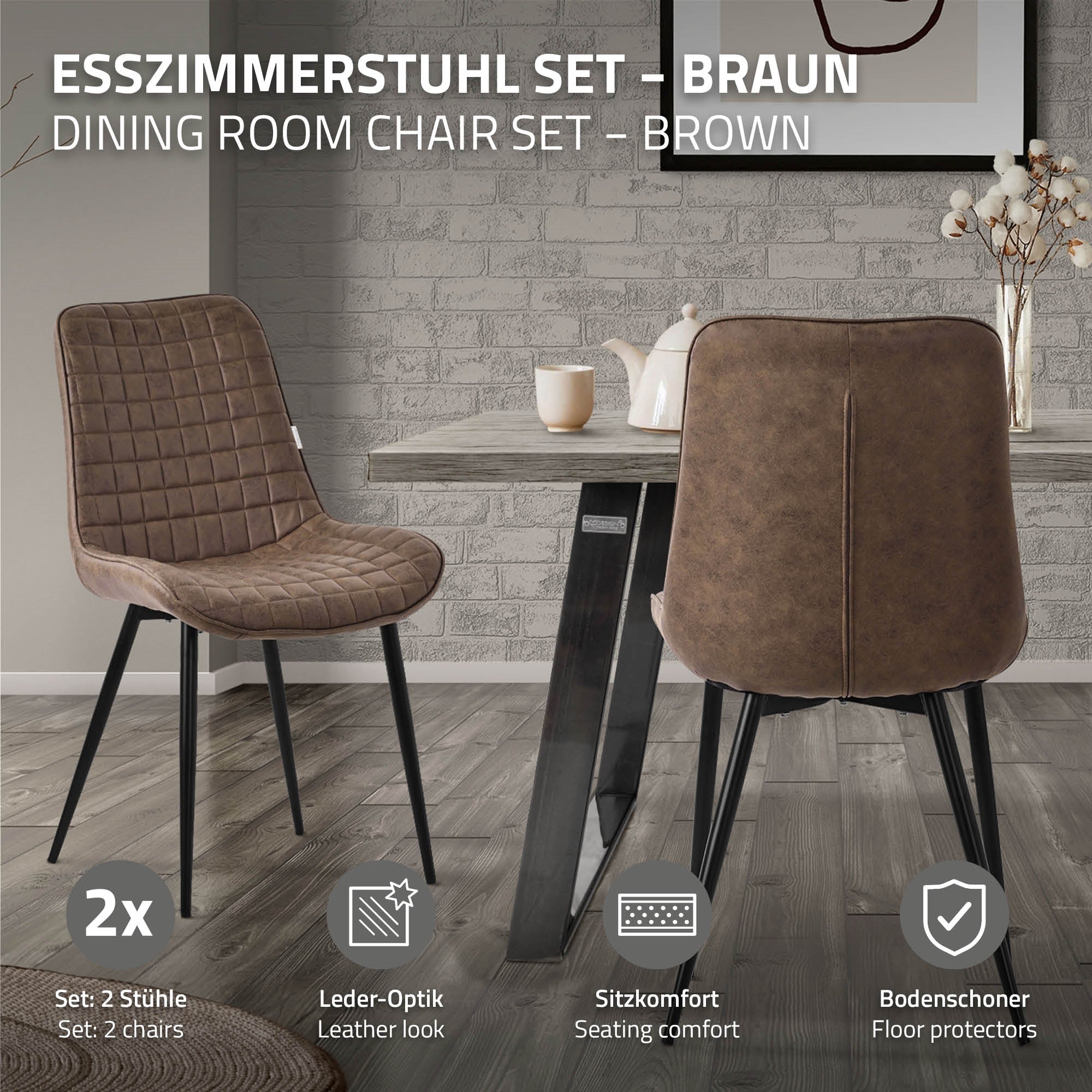 Ensemble de chaises de salle à manger brunes avec deux chaises et une table en arrière-plan.