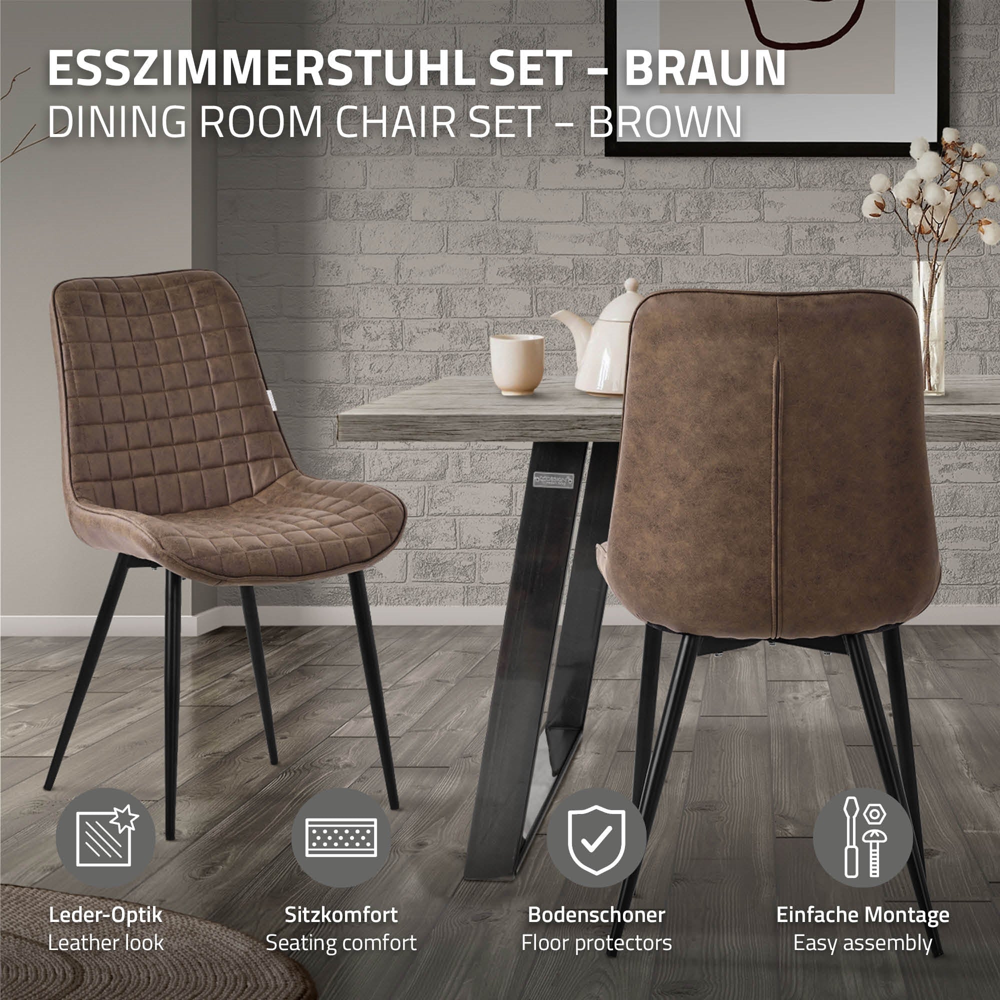 Brauner Esszimmerstuhl vor einem Tisch in einem modernen Raum.
