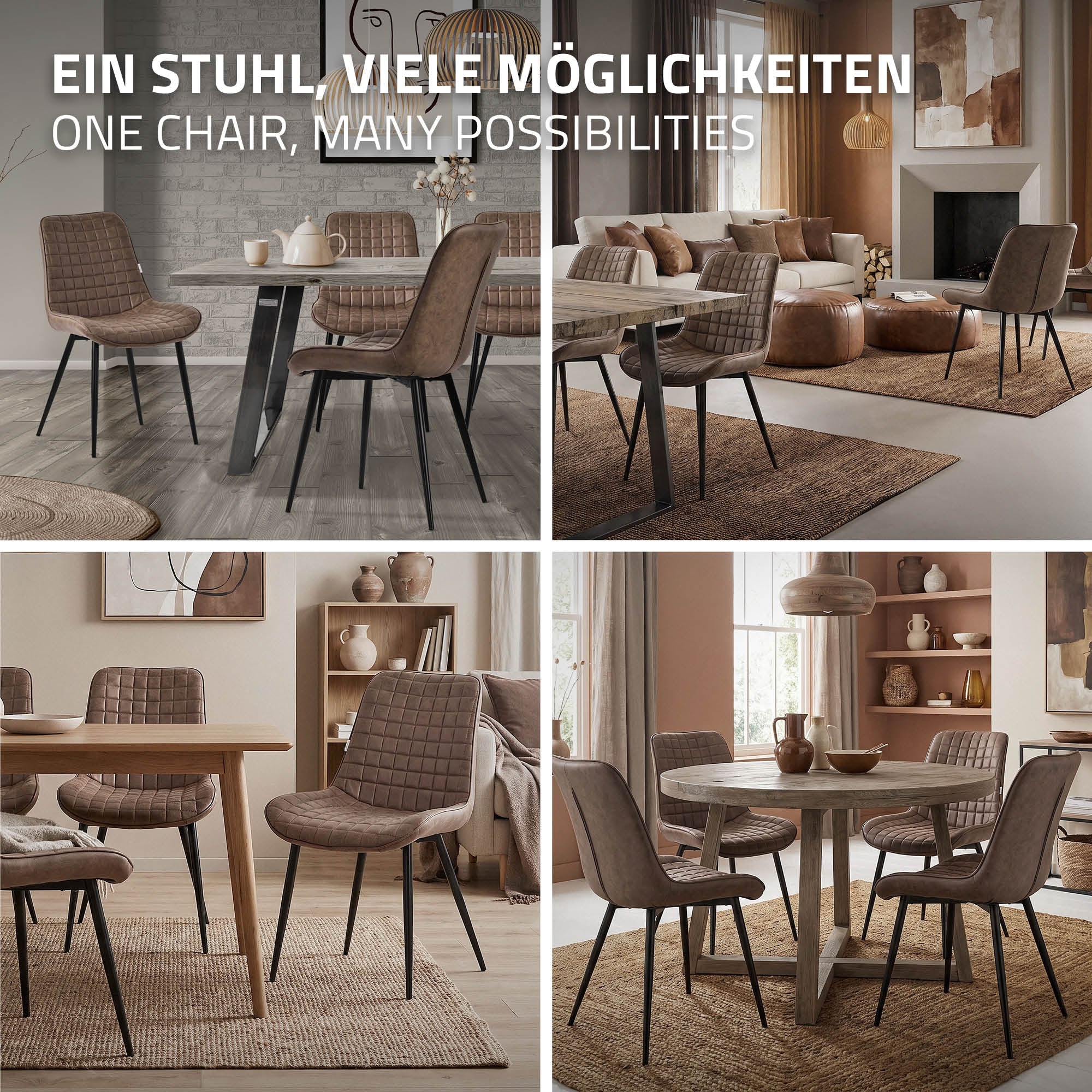 Vier Bilder von Stühlen und Tischen in verschiedenen Wohnräumen.