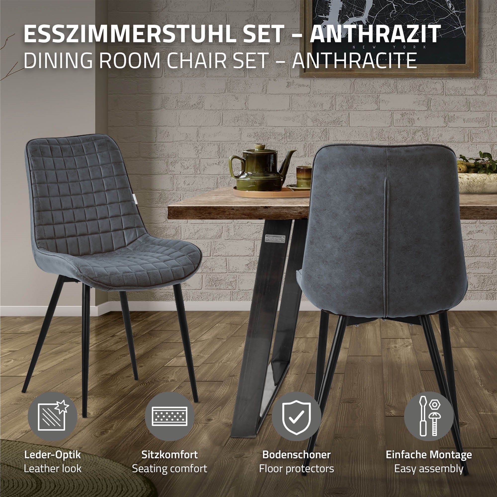 Una silla color antracita en la mesa con tetera y tazas.
