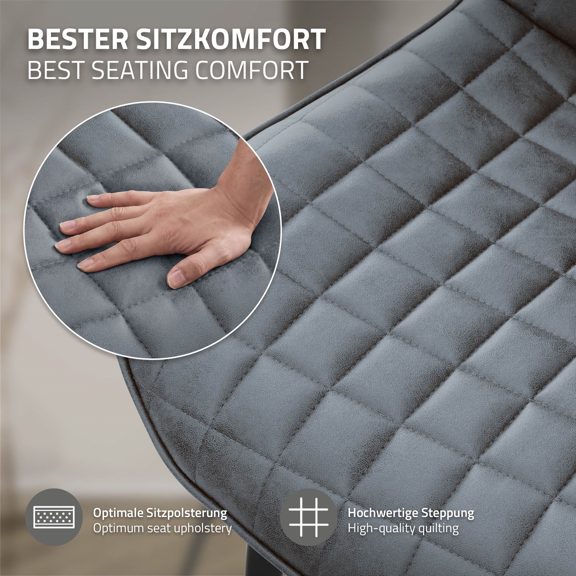 Detailní záběr polstrovaného sedáku s prošíváním.