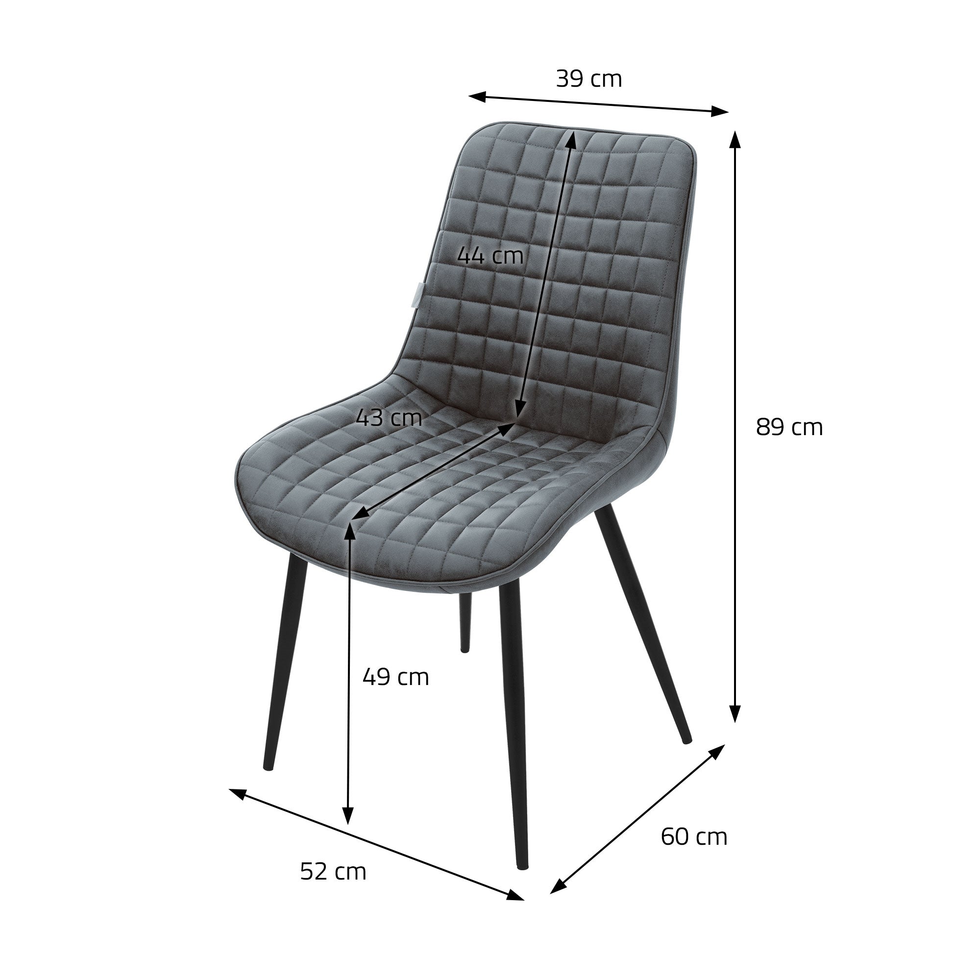 Una silla negra con medidas en centímetros.