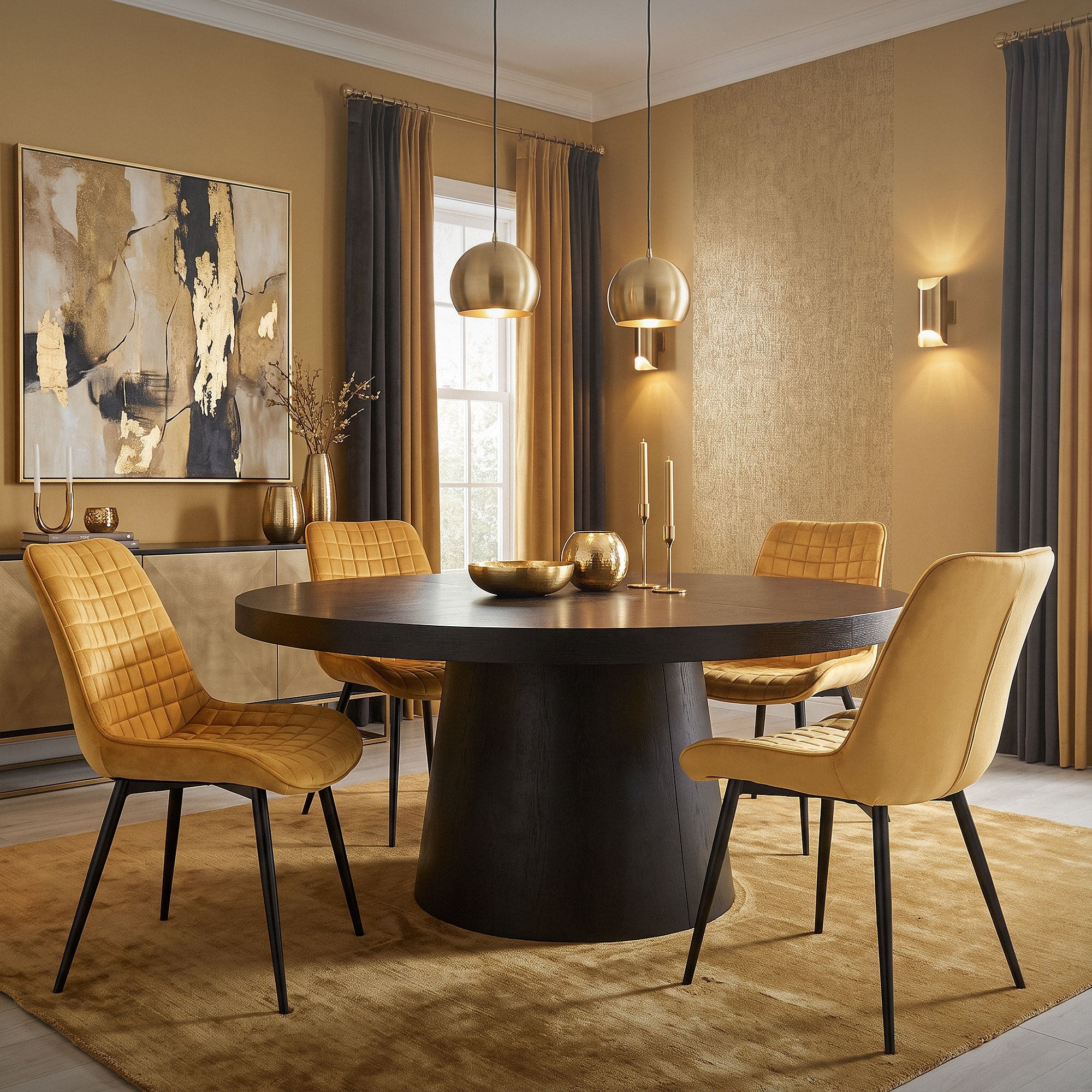Una sala da pranzo con tavolo rotondo, sedie gialle e lampade dorate.