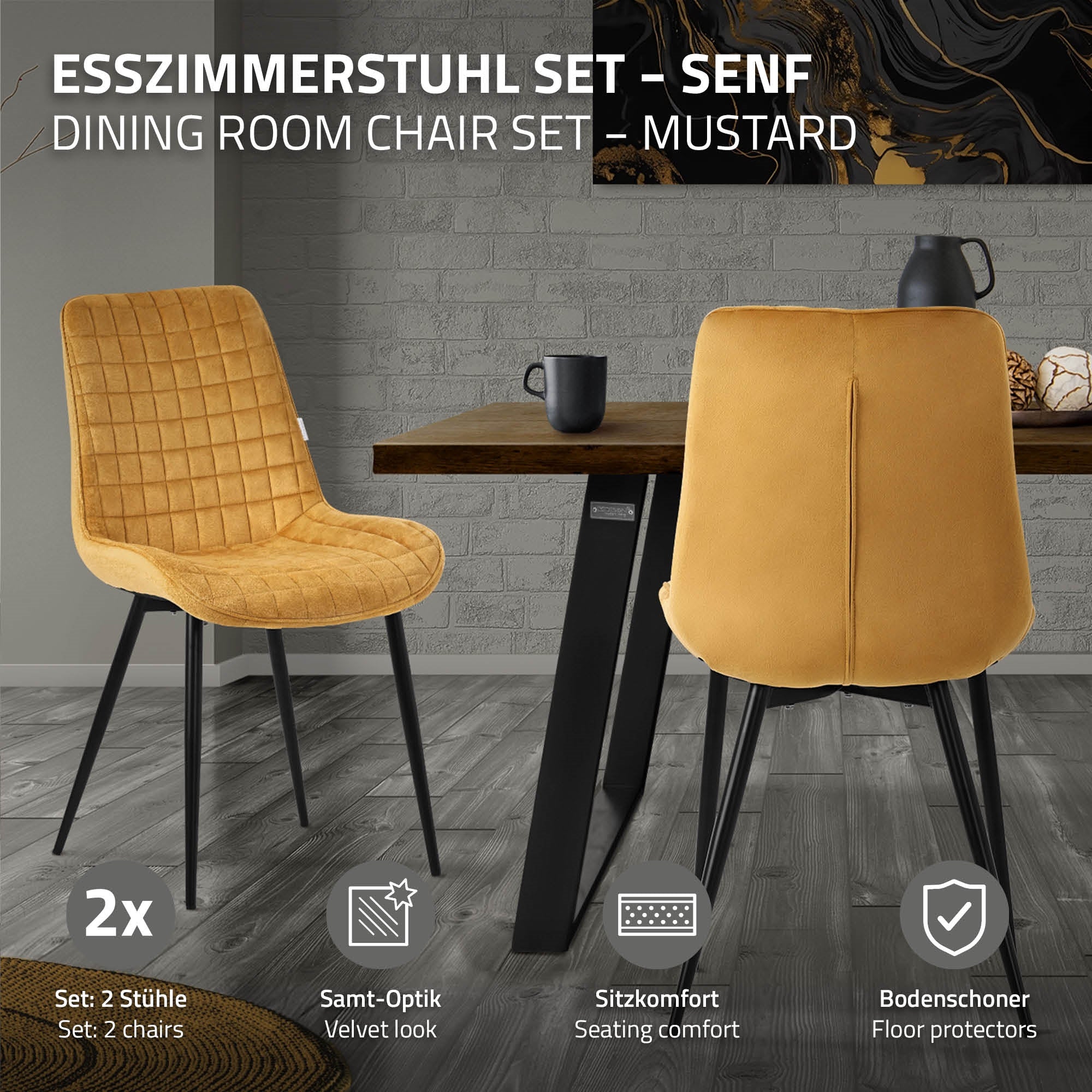 Ensemble de chaises de salle à manger en moutarde, deux chaises, aspect velours, confort d'assise, patins de protection.
