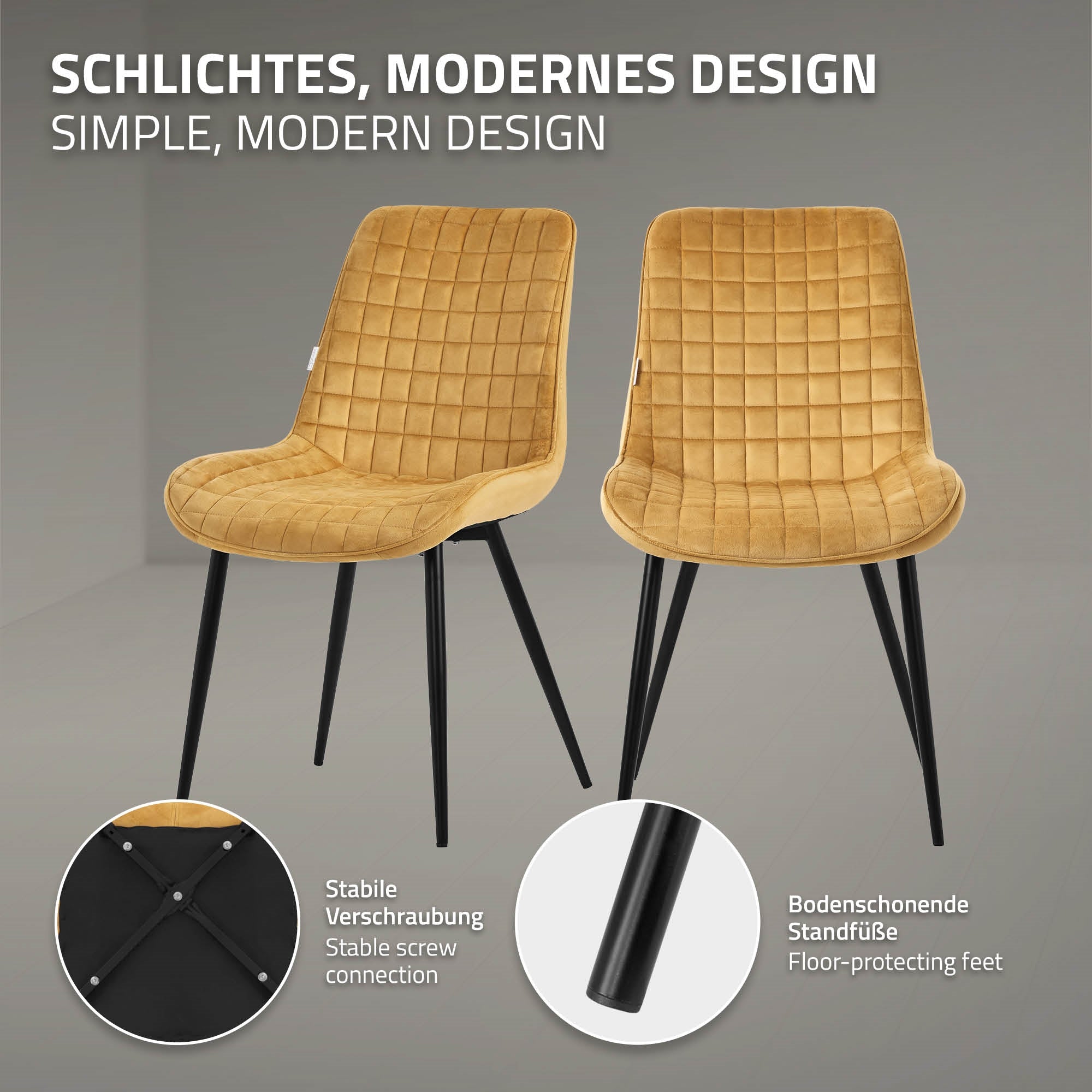 Zwei gelbe Stühle mit quadratischem Muster und schwarzen Beinen.