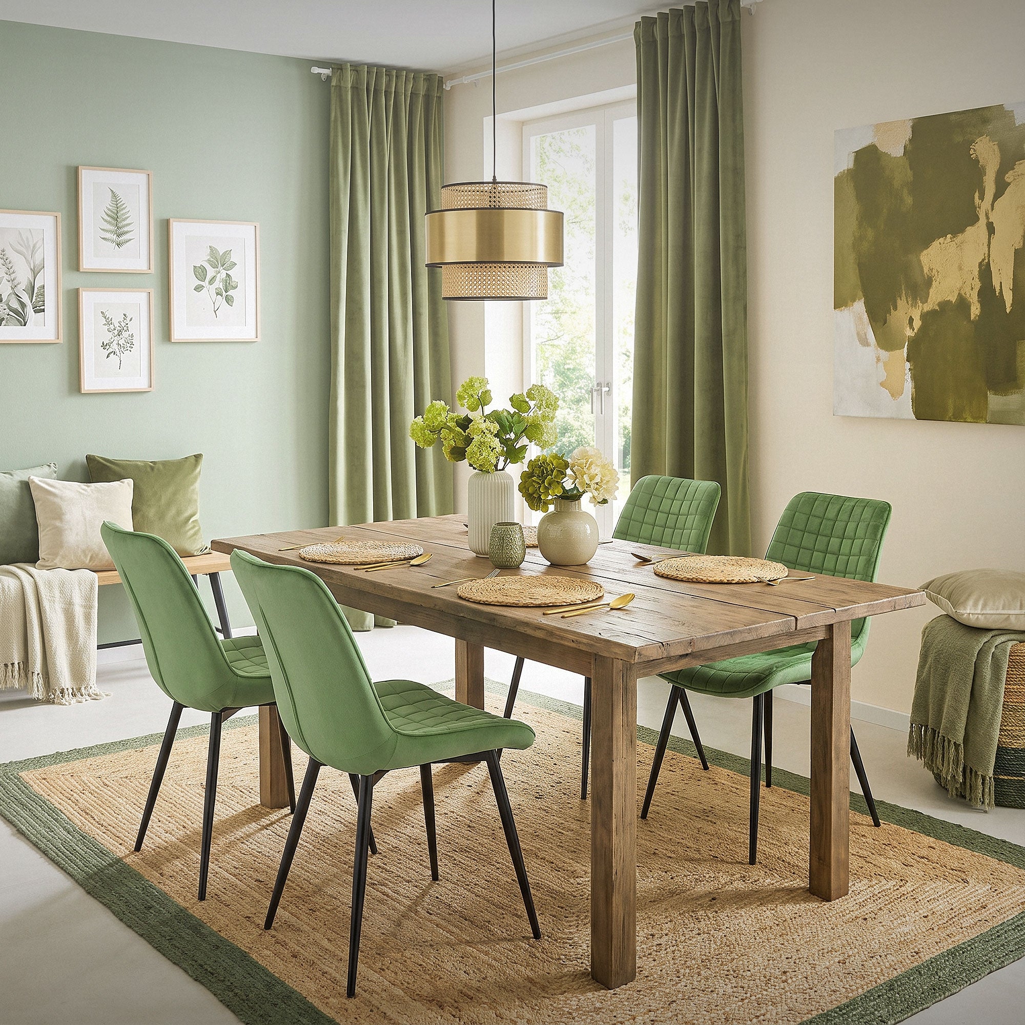 Dining room with green chairs around a wooden table and decorative elements.