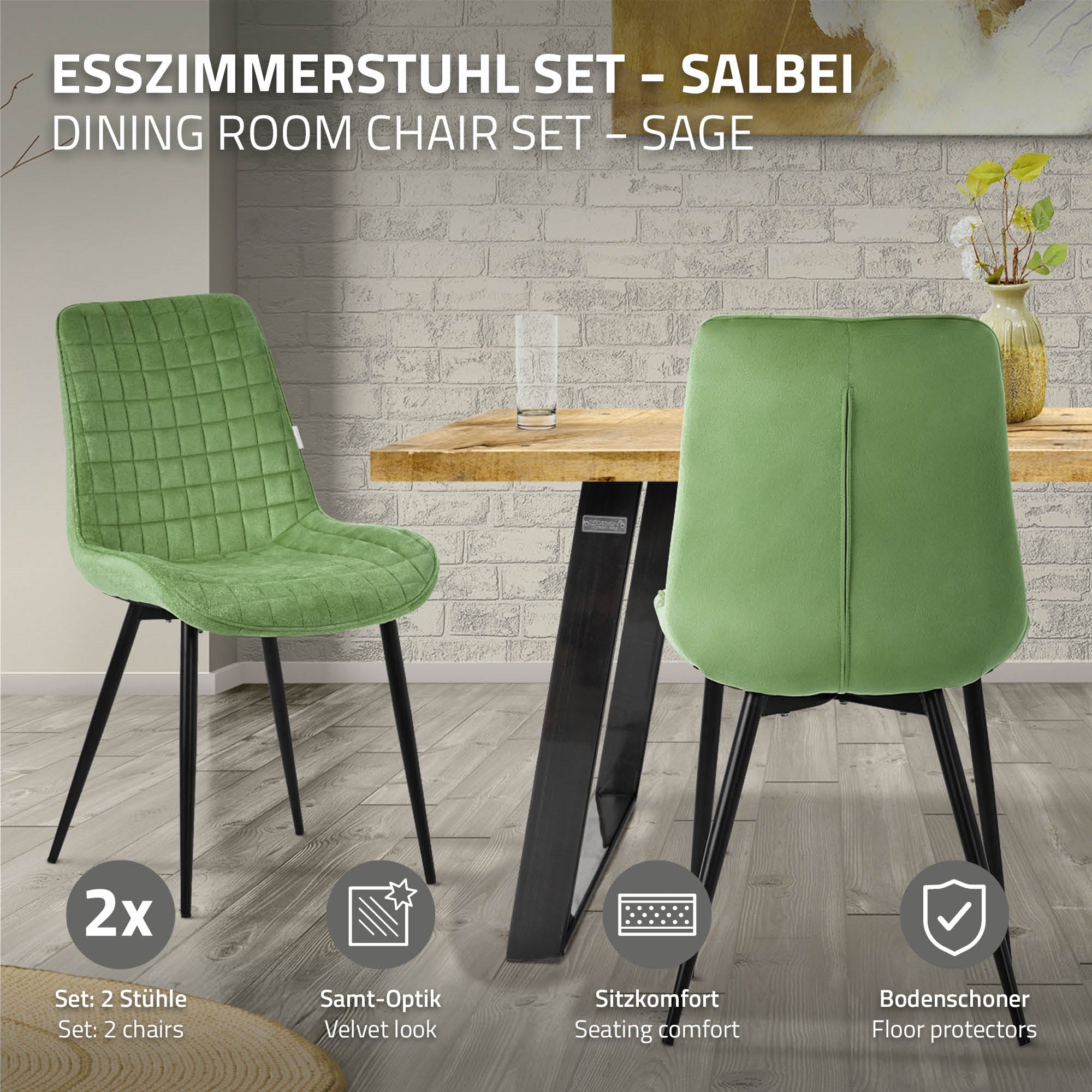 Sage green chair with information about a set of two chairs.
