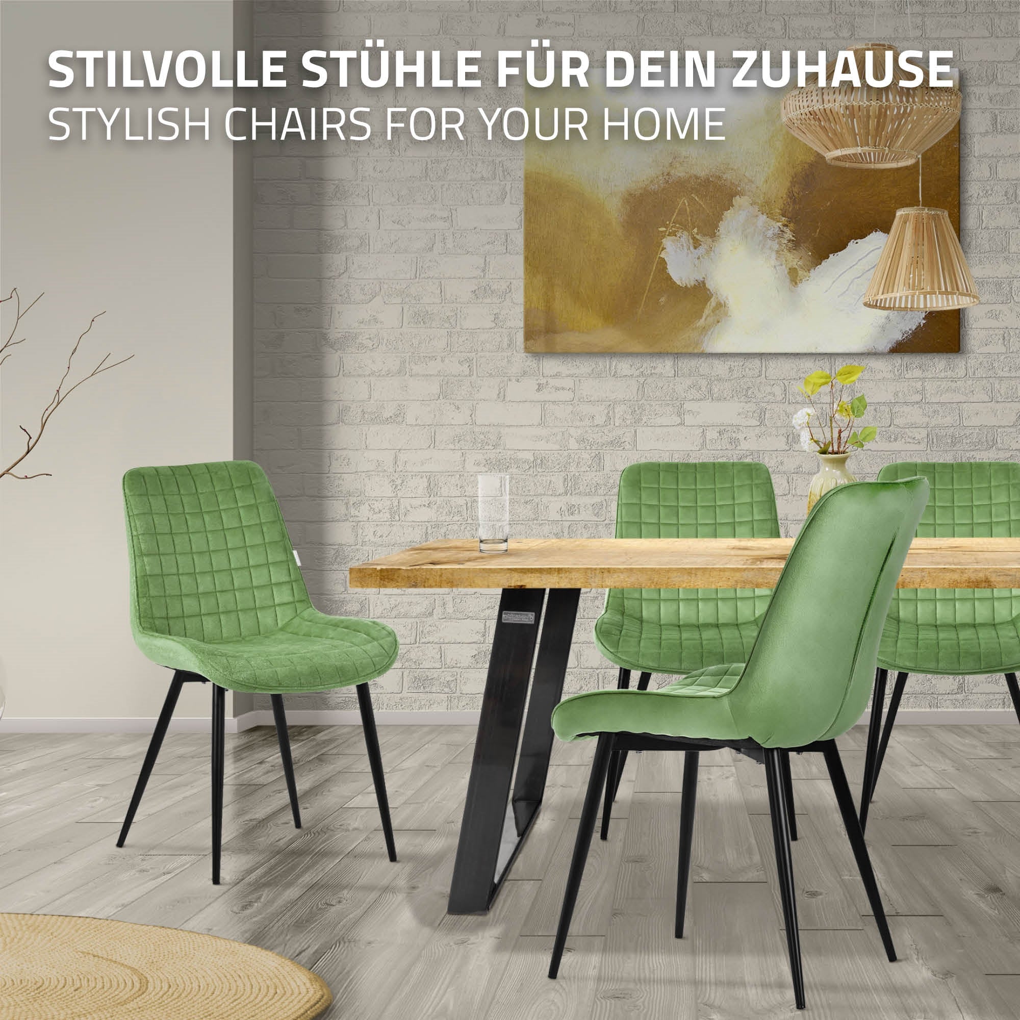 A dining room with green chairs and a wooden table in front of a bright wall.