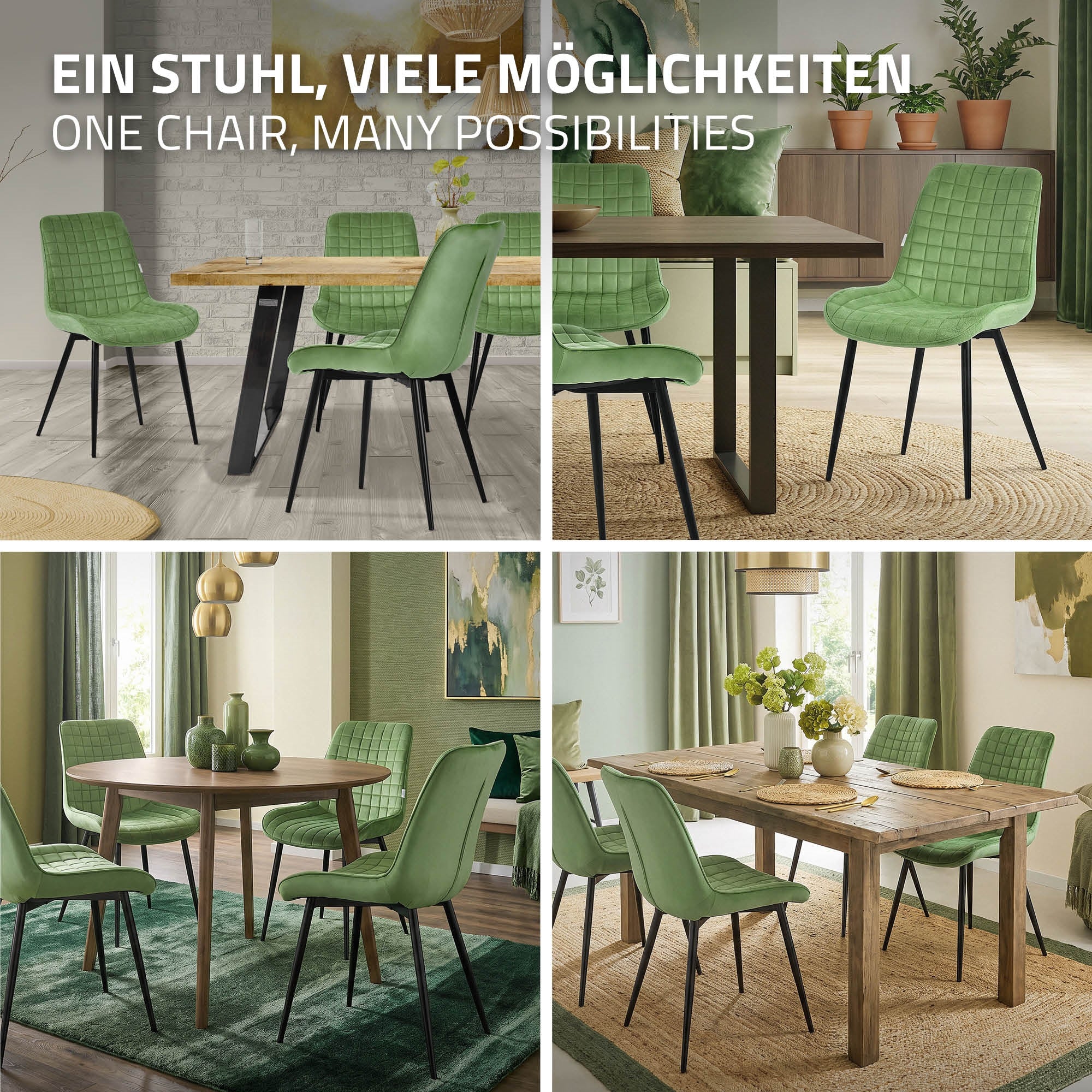 Green chairs around a table in various room designs.