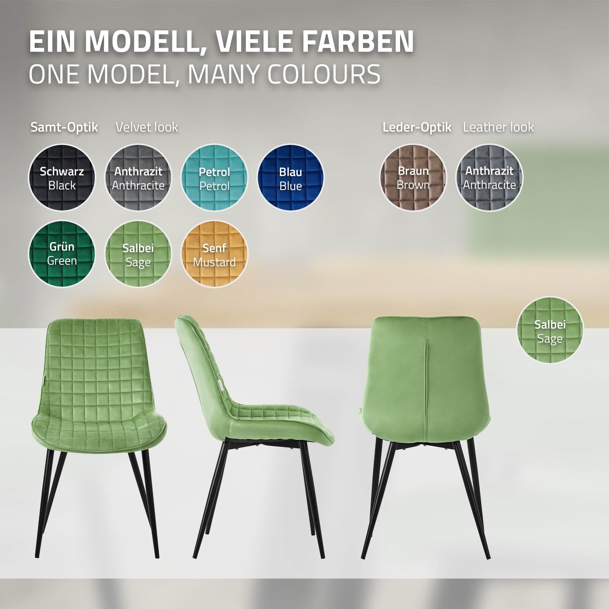 Chair in sage green depicted with various color options in circles.