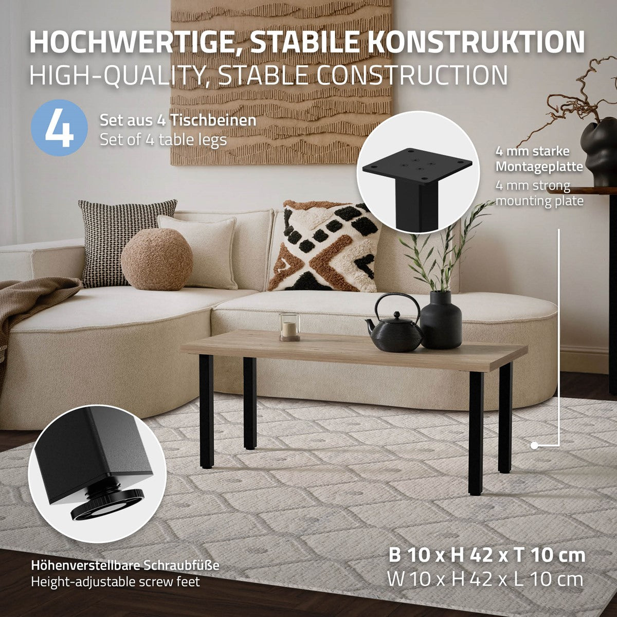 Tisch mit vier stabilen Tischbeinen und einer Montageplatte.