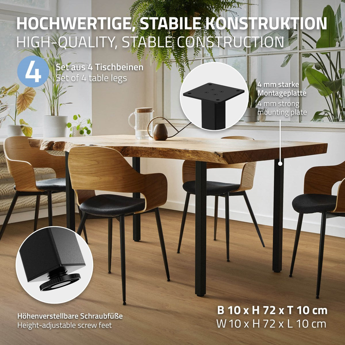 Tisch mit vier schwarzen Beinen in einem modernen Raum.