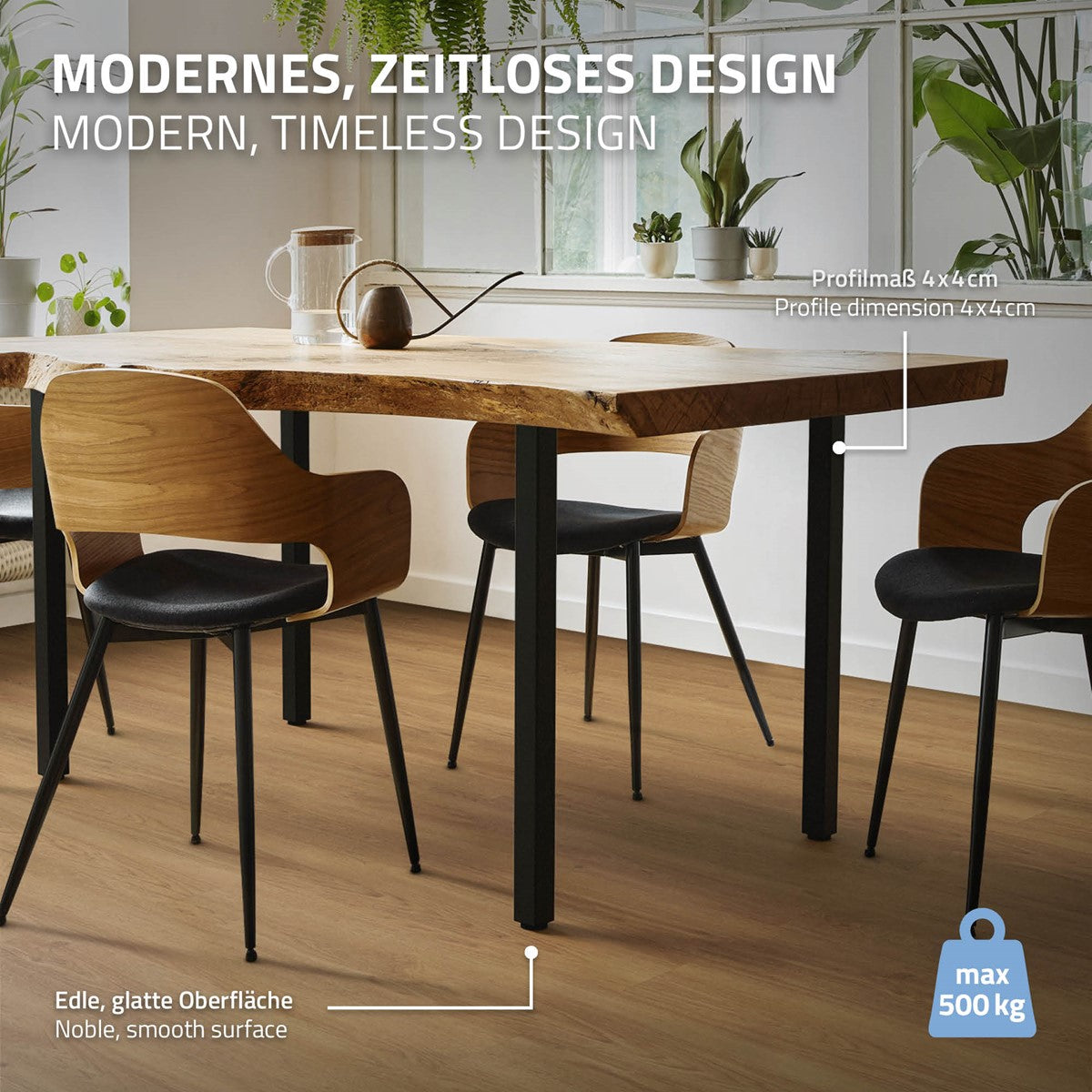 Holztisch mit modernen Stühlen in einem Raum, Designbeschreibung.